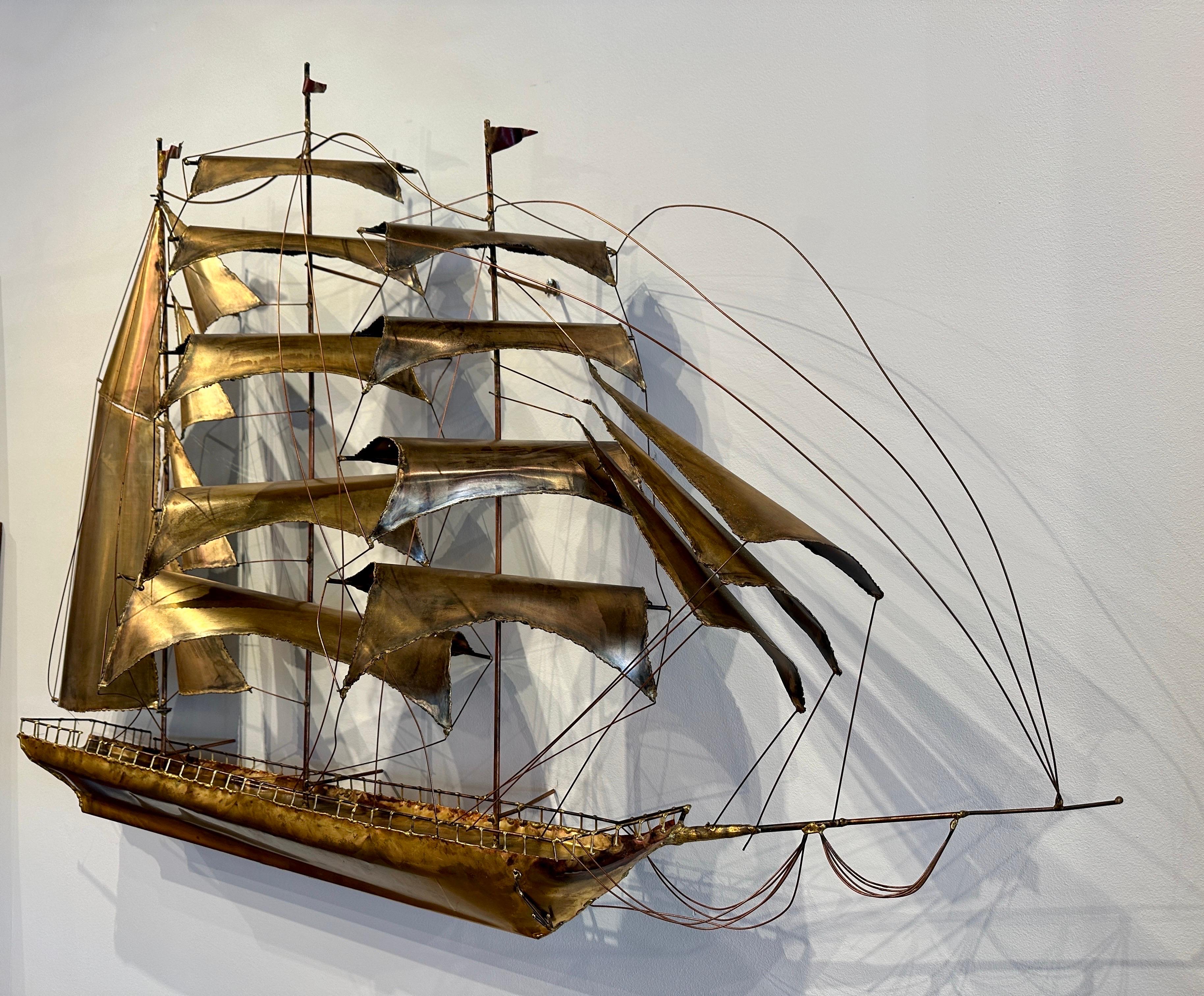 Circa 1970's, this is a very large scale and extremely well crafted with abundant detail clipper ship wall sculpture.  THIS ITEM IS LOCATED AND WILL SHIP FROM OUR MIAMI, FLORIDA SHOWROOM.