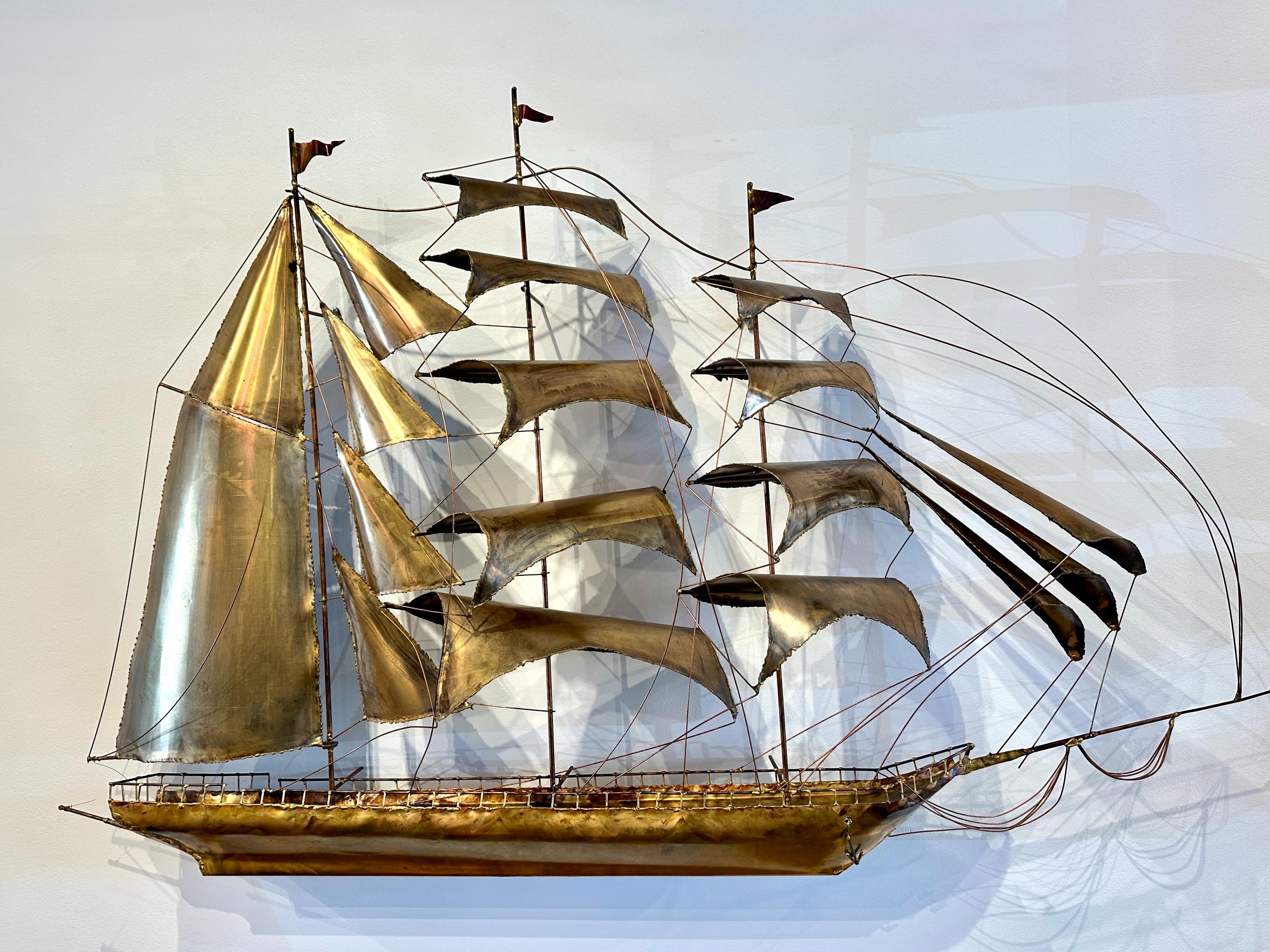 American Wonderfully Crafted Large Brass Clipper Ship Wall Sculpture For Sale