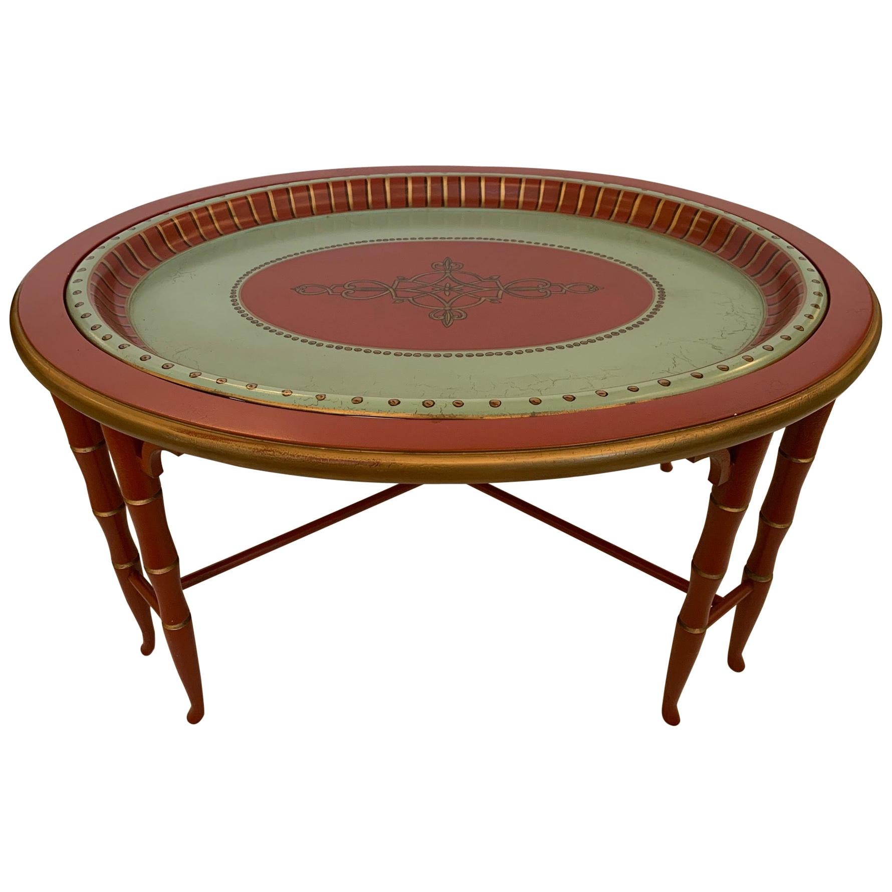 Wonderfully Decorative Faux Bamboo and Painted Tray Coffee Table For Sale