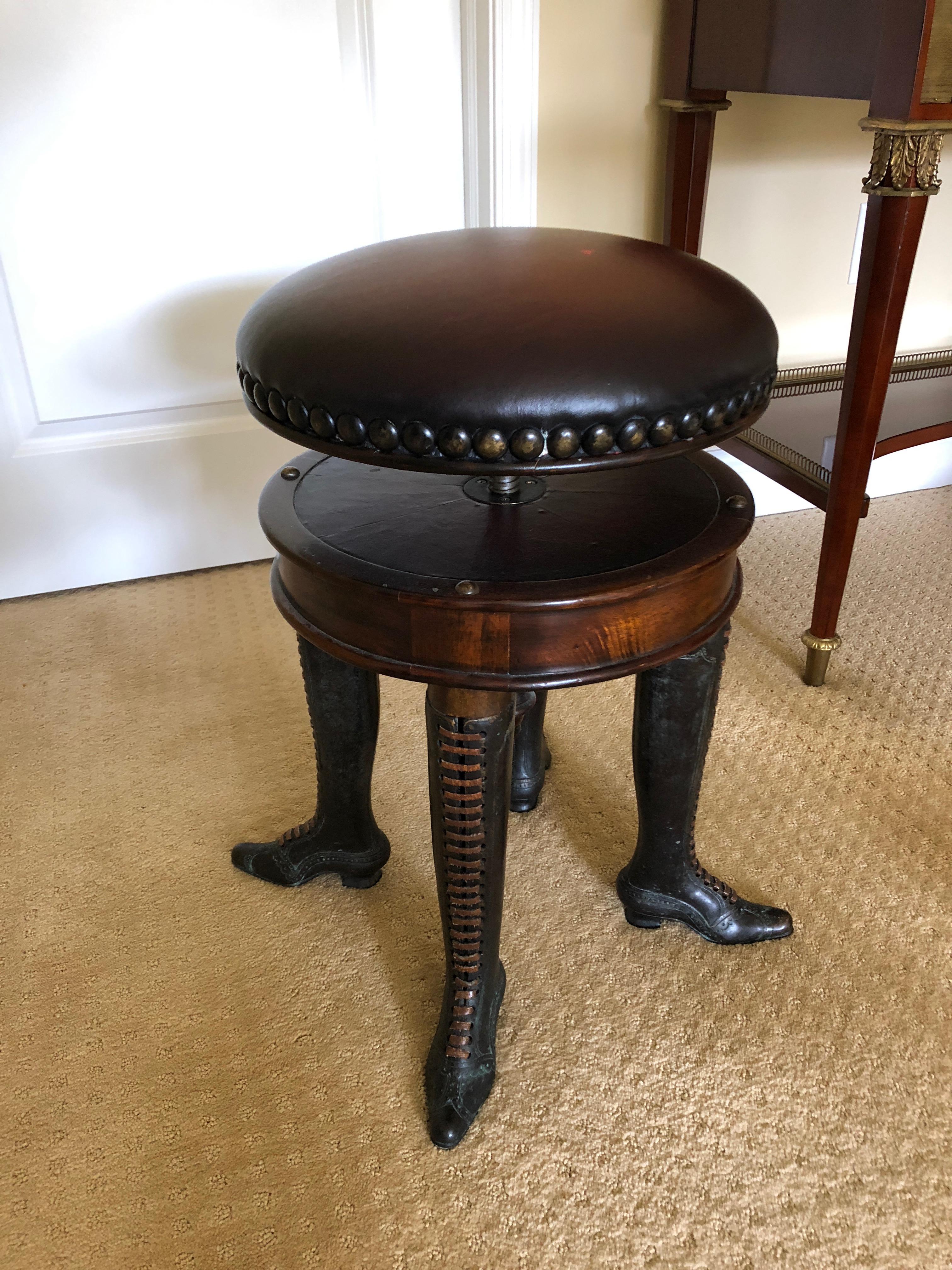 Late Victorian Wonderfully Whimsical Rotating Leather Top Stool with Bronze Lady's Boot Legs