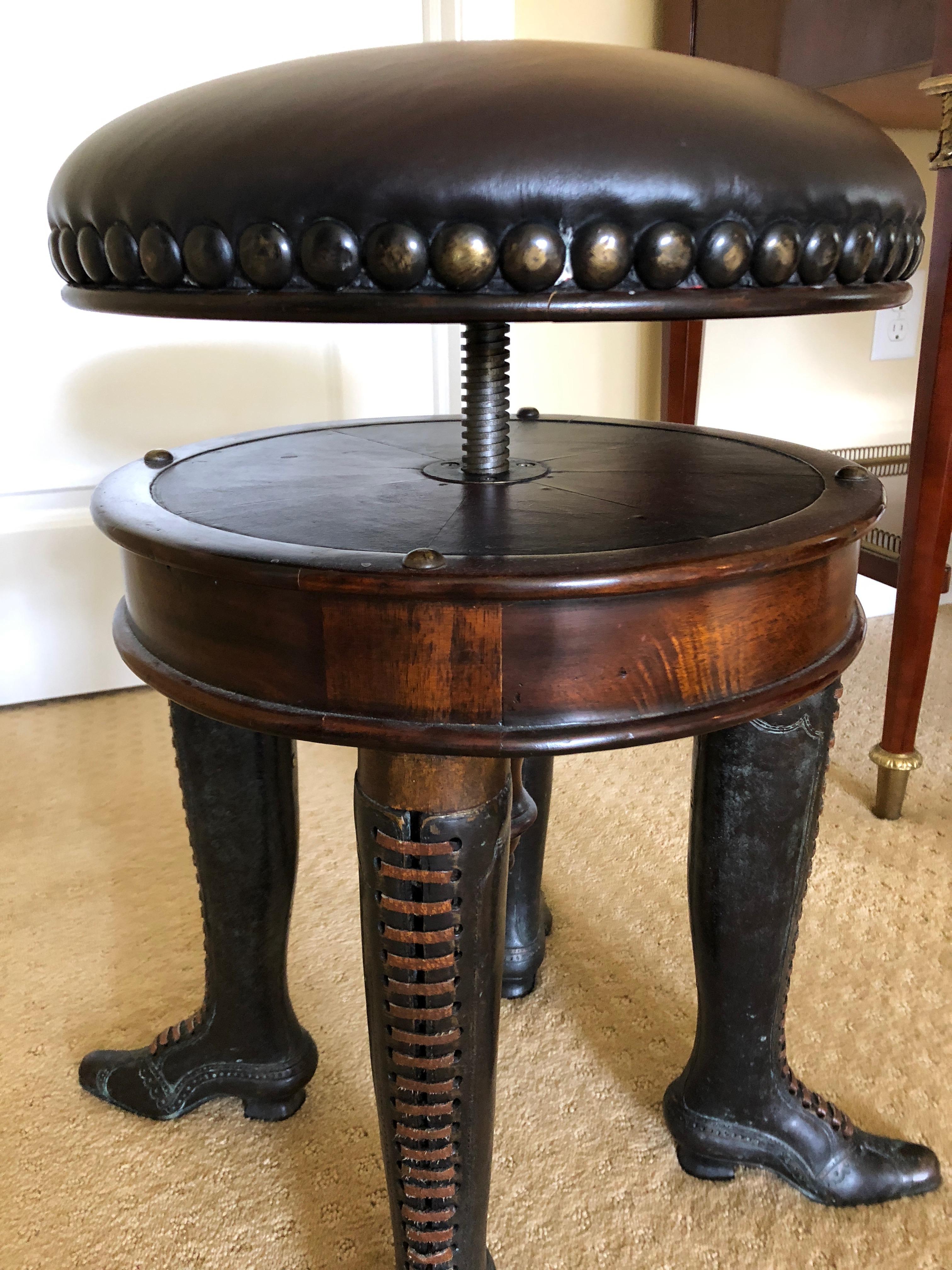 American Wonderfully Whimsical Rotating Leather Top Stool with Bronze Lady's Boot Legs