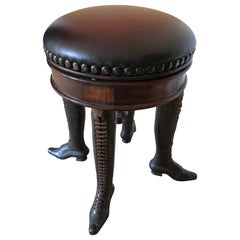 Retro Wonderfully Whimsical Rotating Leather Top Stool with Bronze Lady's Boot Legs