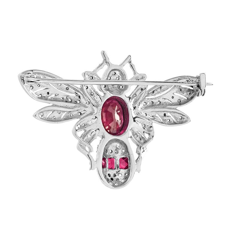 Oval Cut Wonderland Bee Oval Red Ruby & Diamond 14K White Gold Pin Brooch For Sale