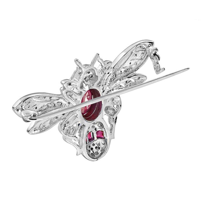 Wonderland Bee Oval Red Ruby & Diamond 14K White Gold Pin Brooch For Sale 1