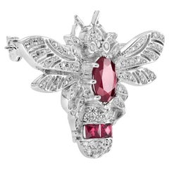 Wonderland Bee Oval Red Ruby & Diamond 14K White Gold Pin Brooch