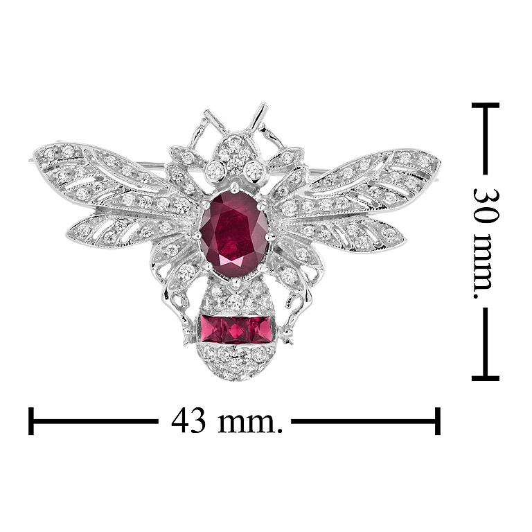 Women's or Men's Wonderland Bee Oval Ruby and Diamond Brooch in14K White Gold For Sale