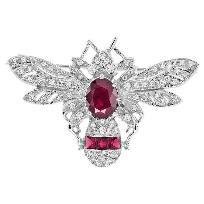 Wonderland Bee Oval Ruby and Diamond Brooch in14K White Gold For Sale