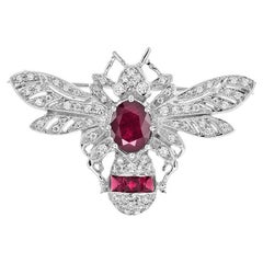 Wonderland Bee Oval Ruby and Diamond Brooch in14K White Gold