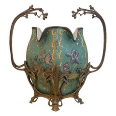 Wong Lee Art Nouveau Style Vase With Floral Motif and Bronze Handles