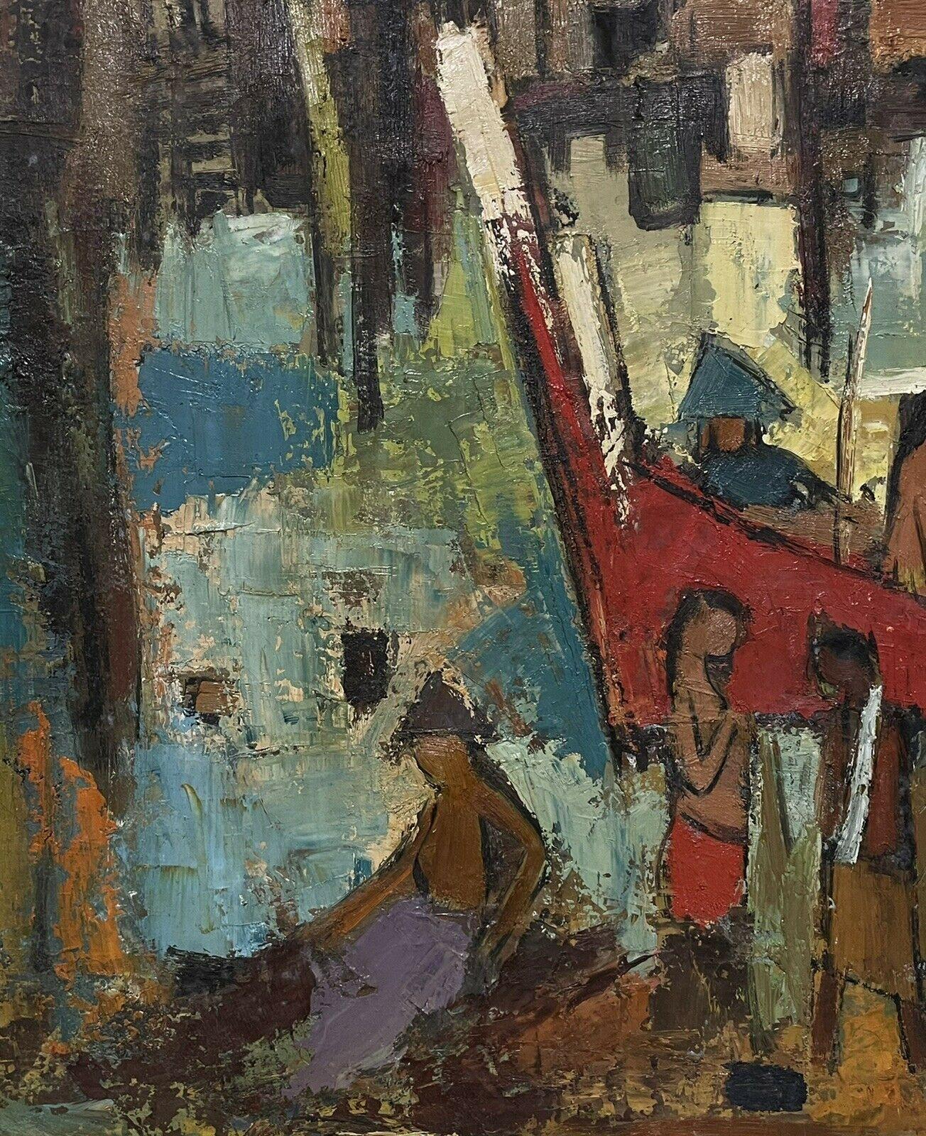Très grande huile sur toile moderniste des années 1960, signée, Fisherfolk in Harbour with Boats - Painting de Wong MOO CHEW - PENGHIDUPAN