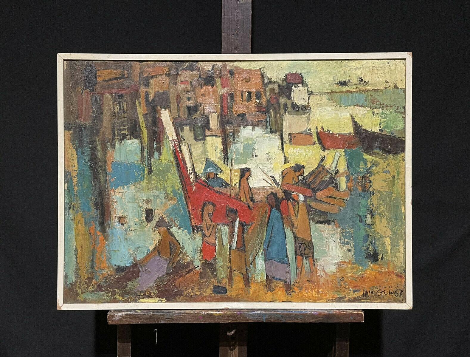 Abstract Painting Wong MOO CHEW - PENGHIDUPAN - Très grande huile sur toile moderniste des années 1960, signée, Fisherfolk in Harbour with Boats