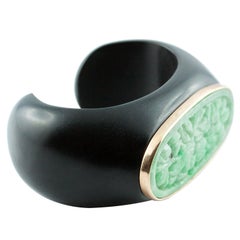 Wood 14 Karat Rose Gold Oval Jade Cuff Bracelet