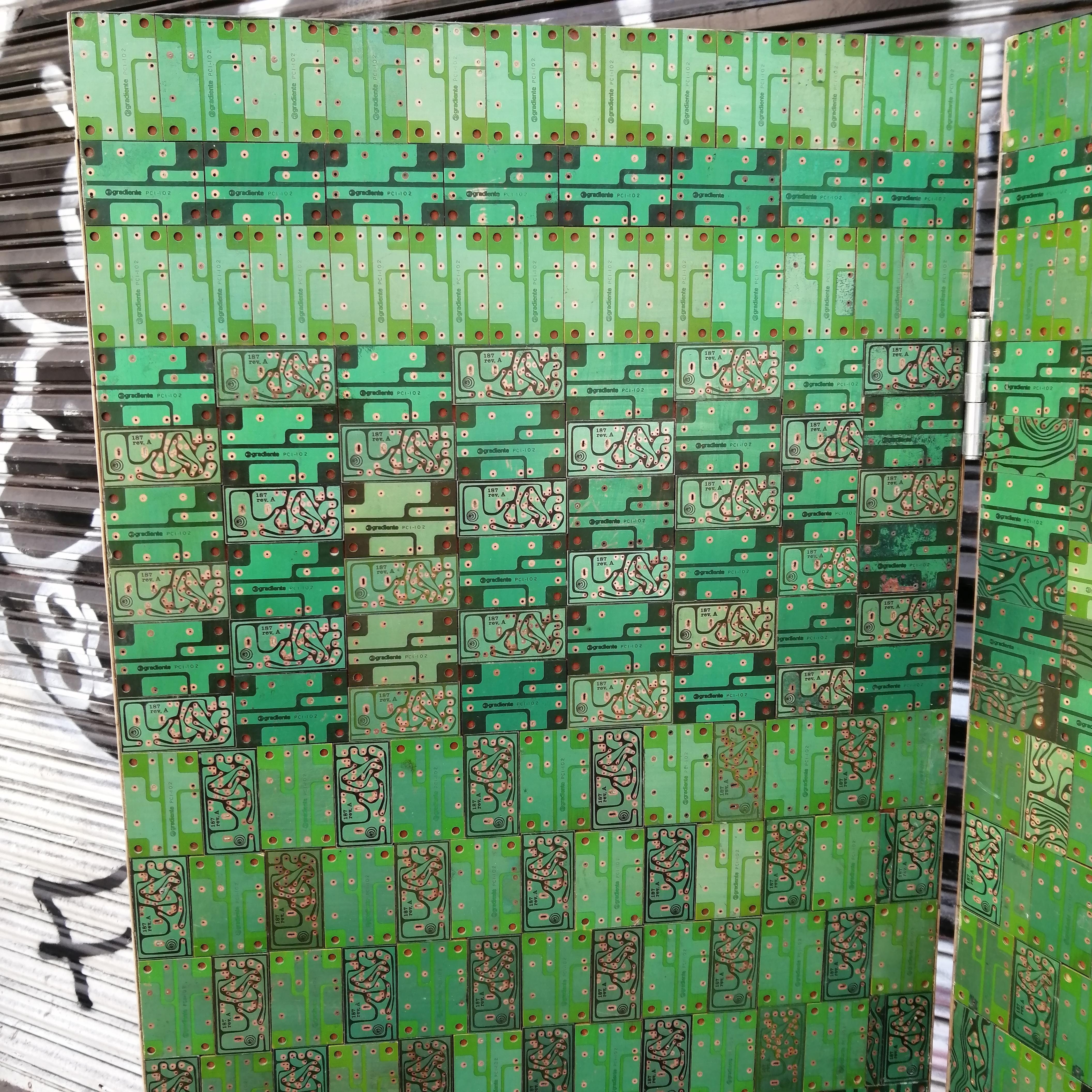 Post-Modern Wood 3-Panel Screen with Inlaid Green Printed Circuit Boards