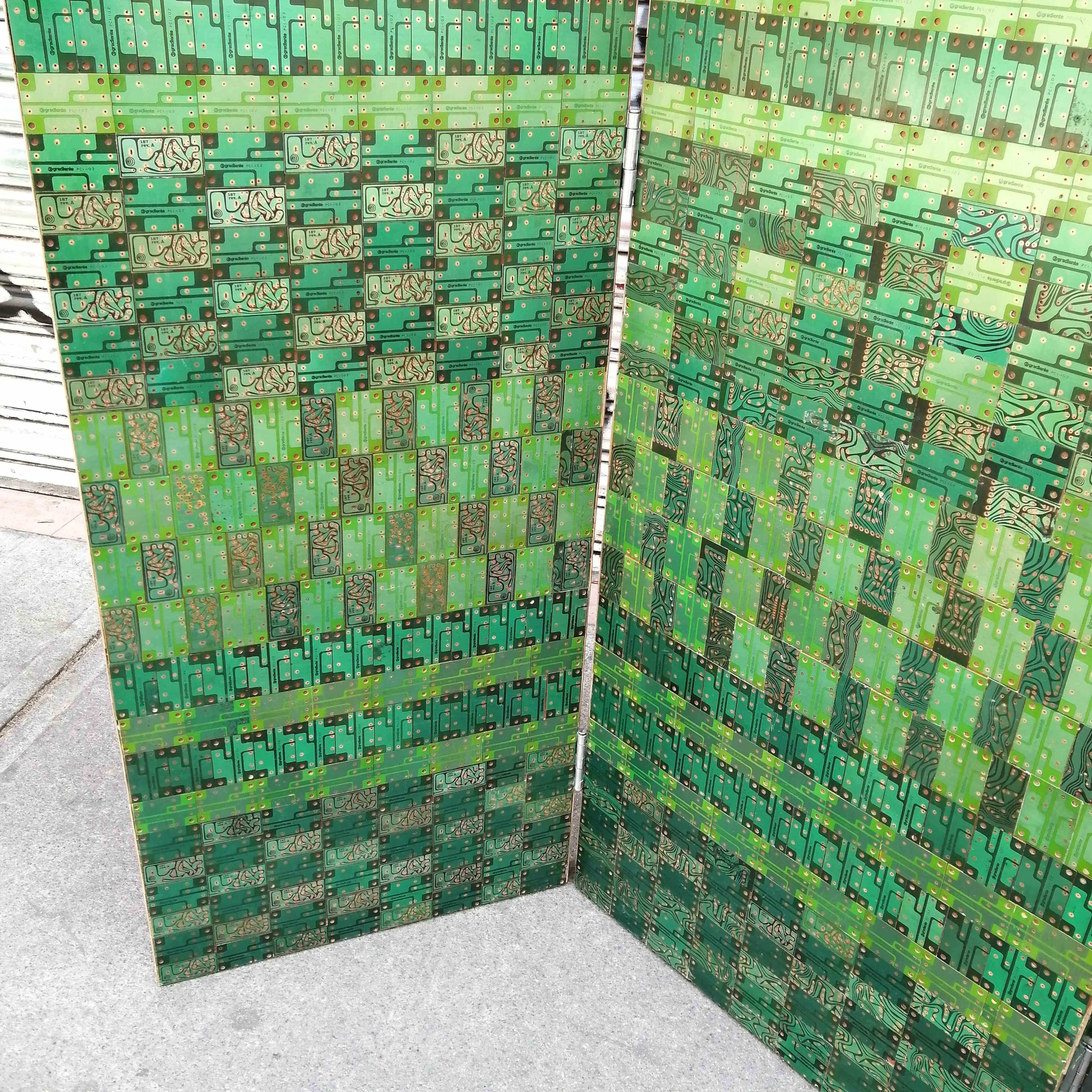 Mexican Wood 3-Panel Screen with Inlaid Green Printed Circuit Boards
