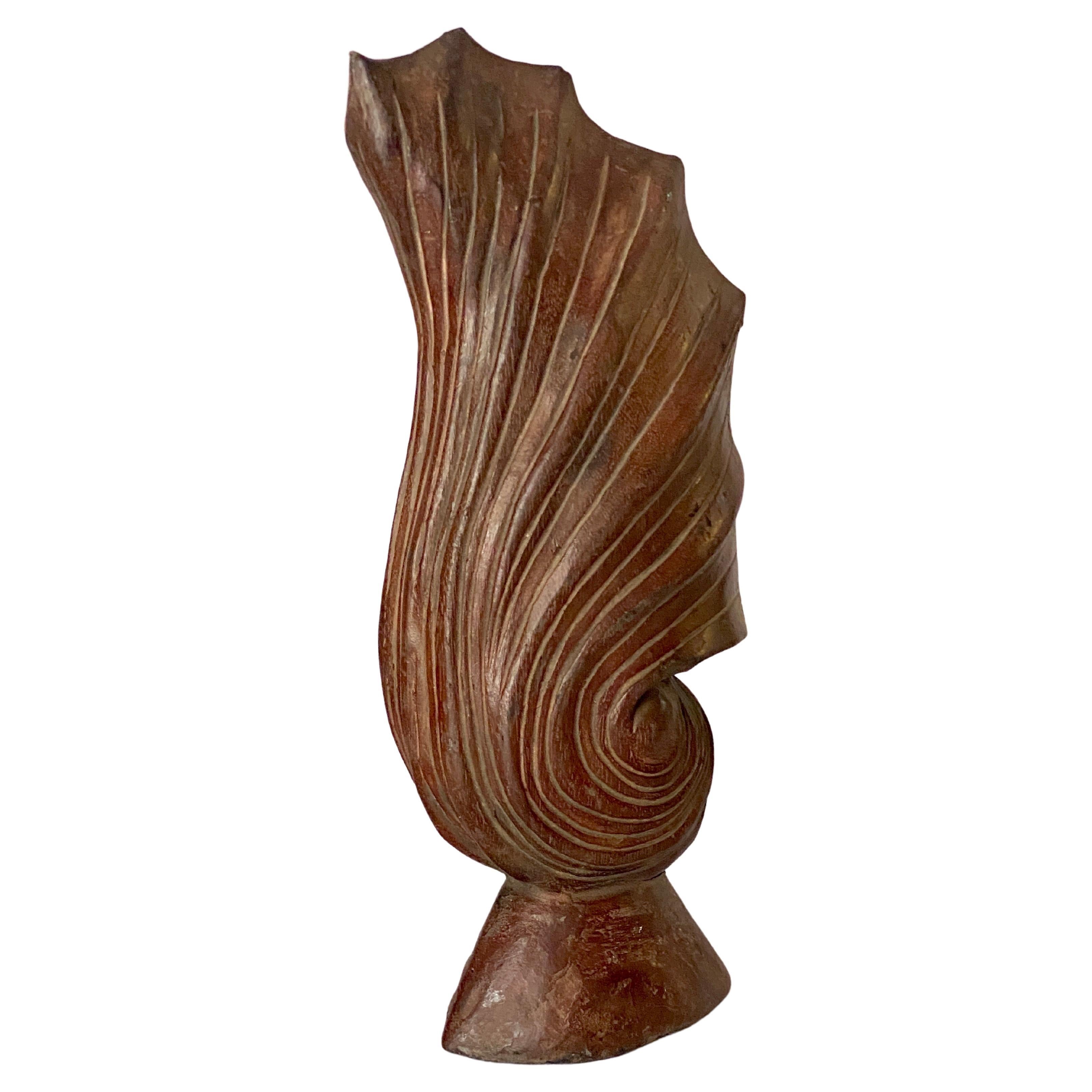 Sculpture abstraite en bois, forme de coquillage, couleur marron, France, 1960