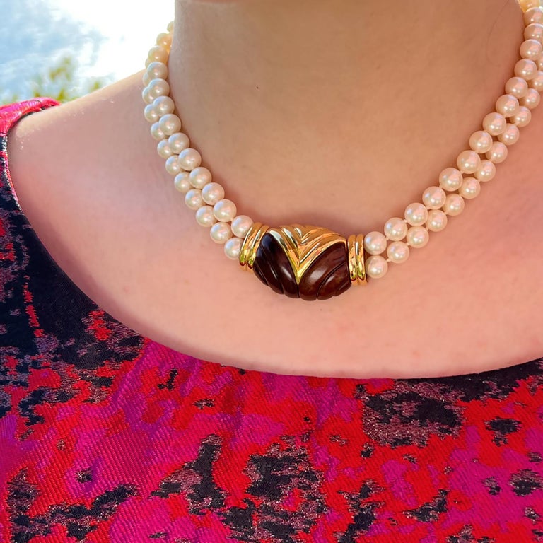 Wood and 18 Karat Yellow Gold Pearl Necklace For Sale at 1stDibs