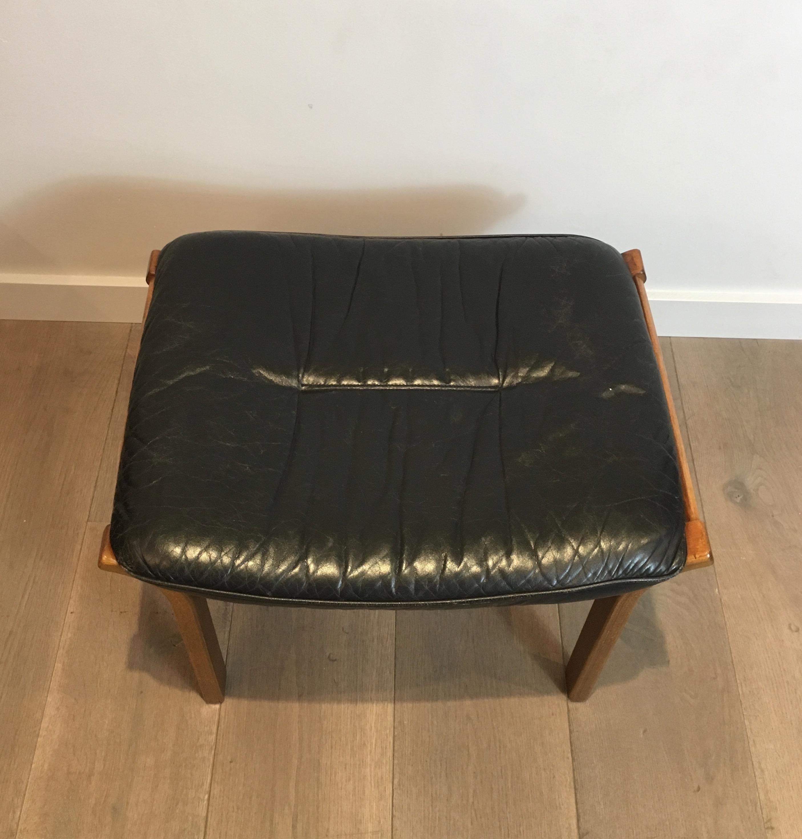 Wood and Black Leather Stool, French, circa 1970 4