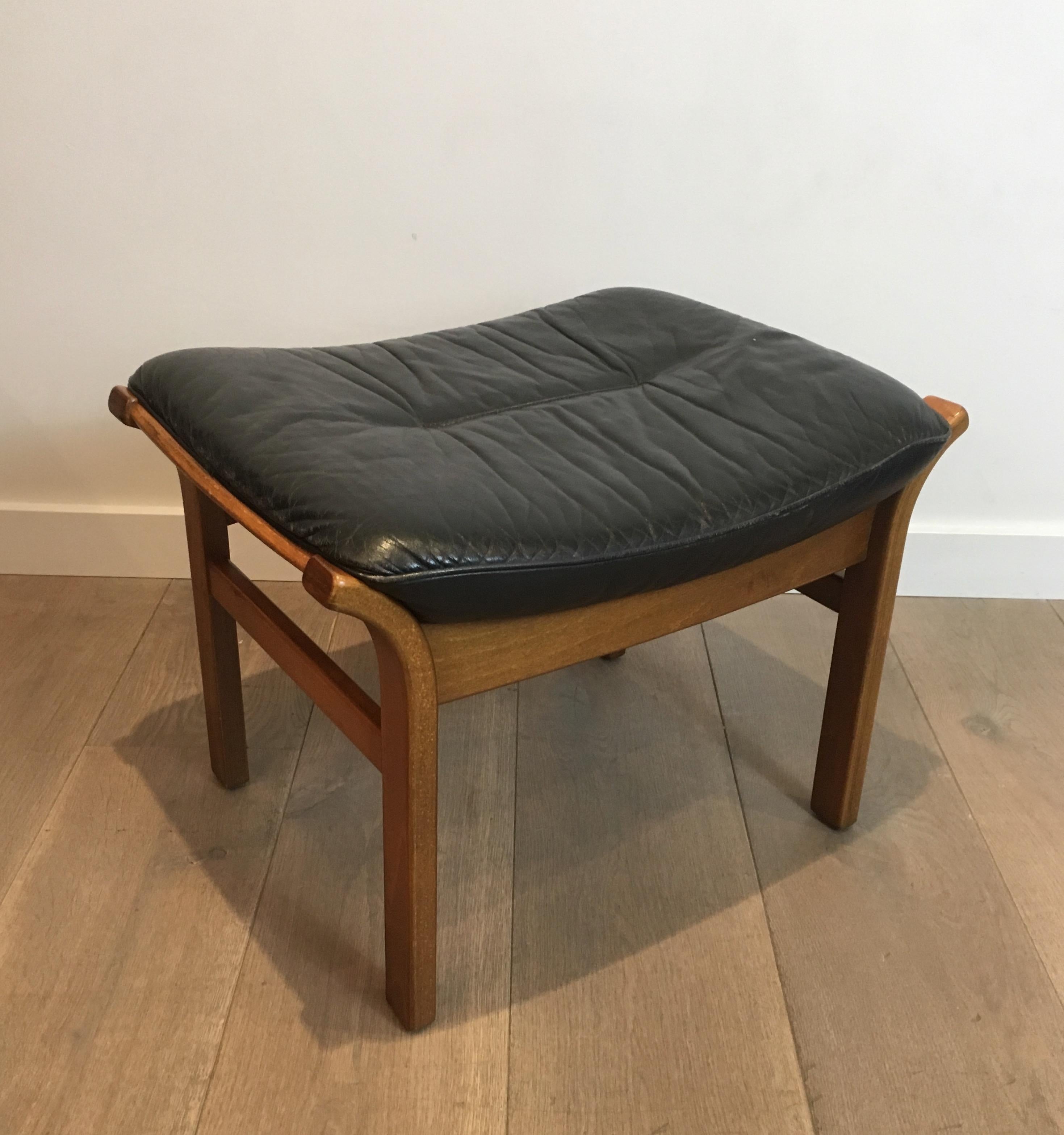 Wood and Black Leather Stool, French, circa 1970 6