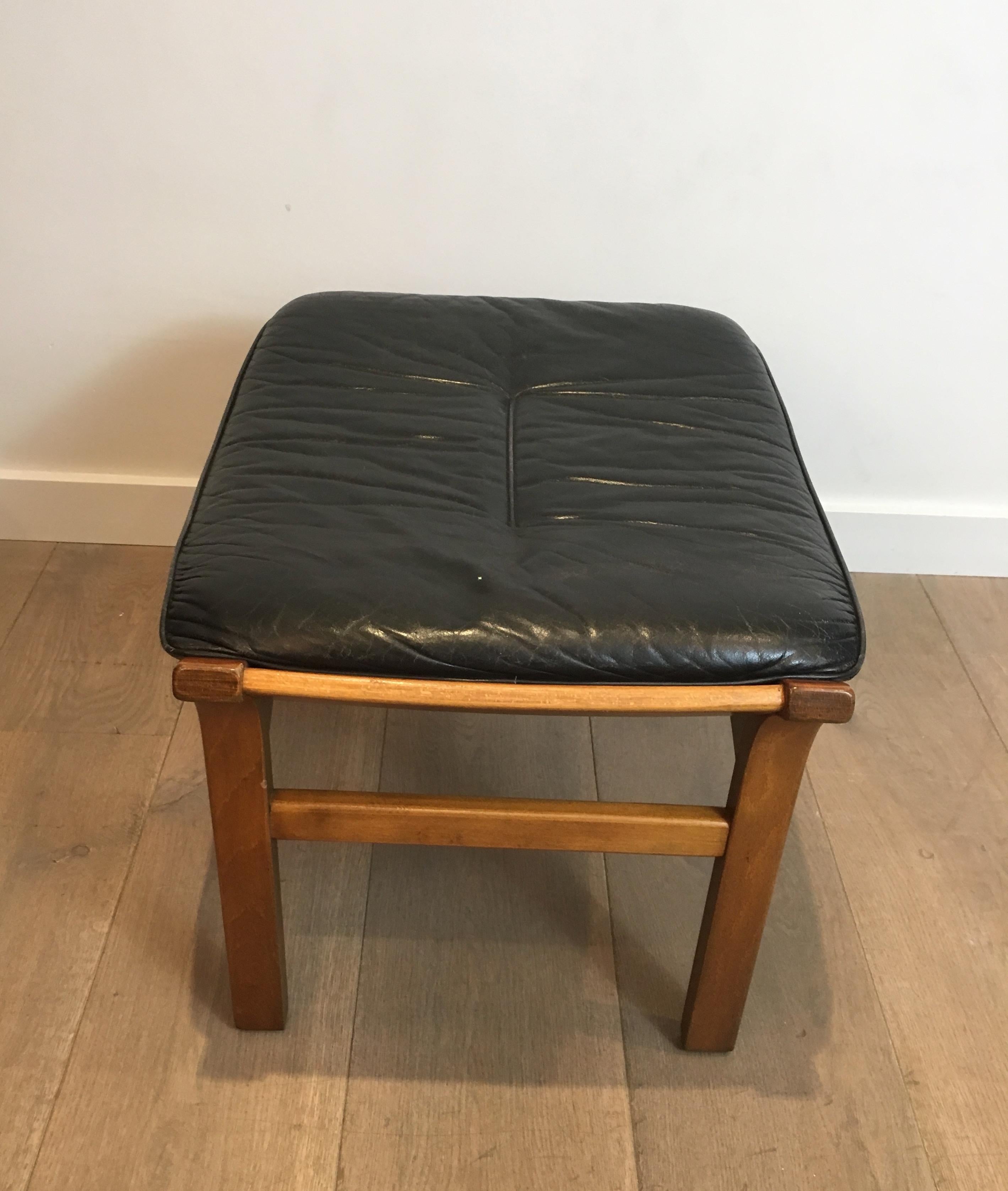 Wood and Black Leather Stool, French, circa 1970 7