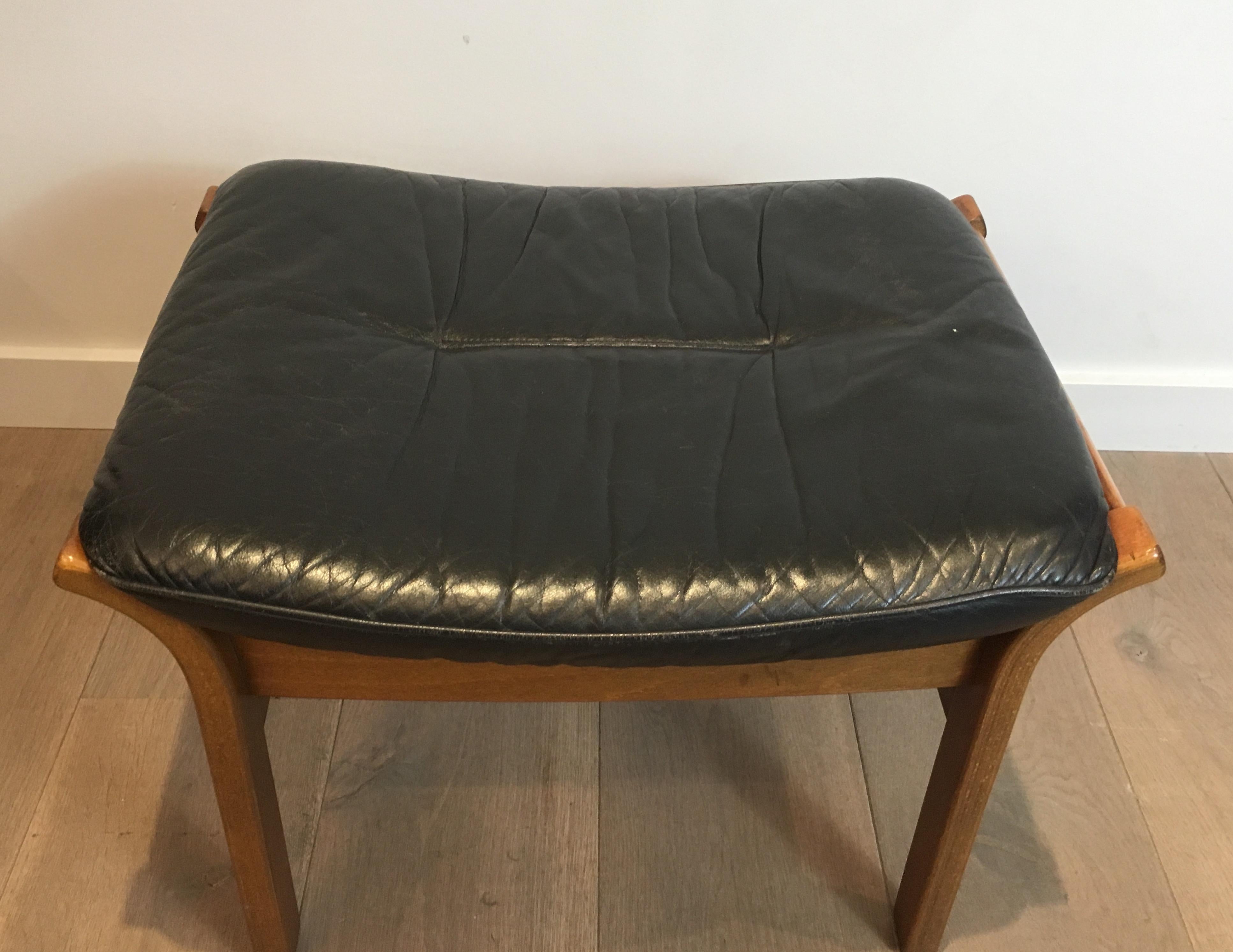 Wood and Black Leather Stool, French, circa 1970 8