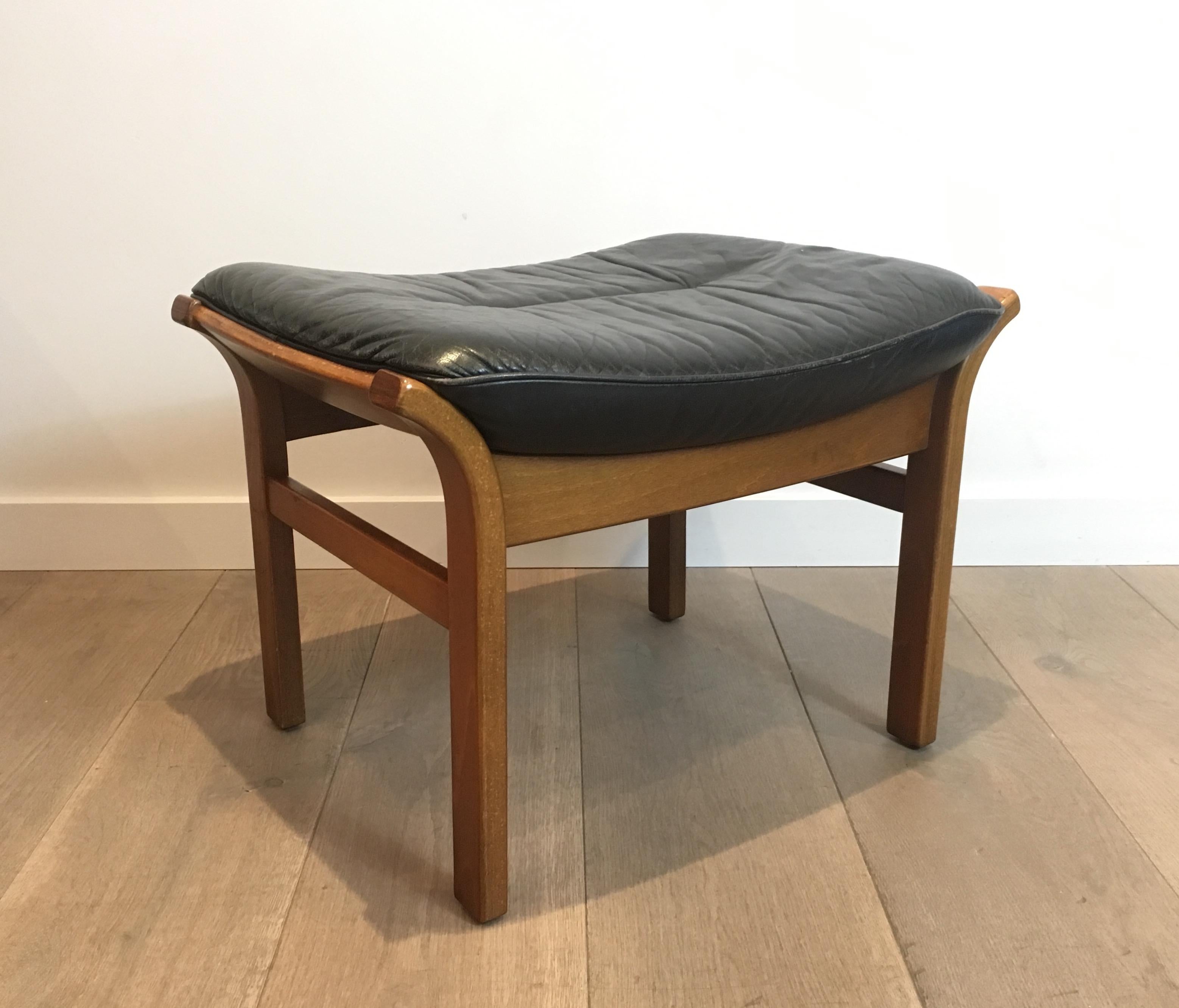 Wood and Black Leather Stool, French, circa 1970 9