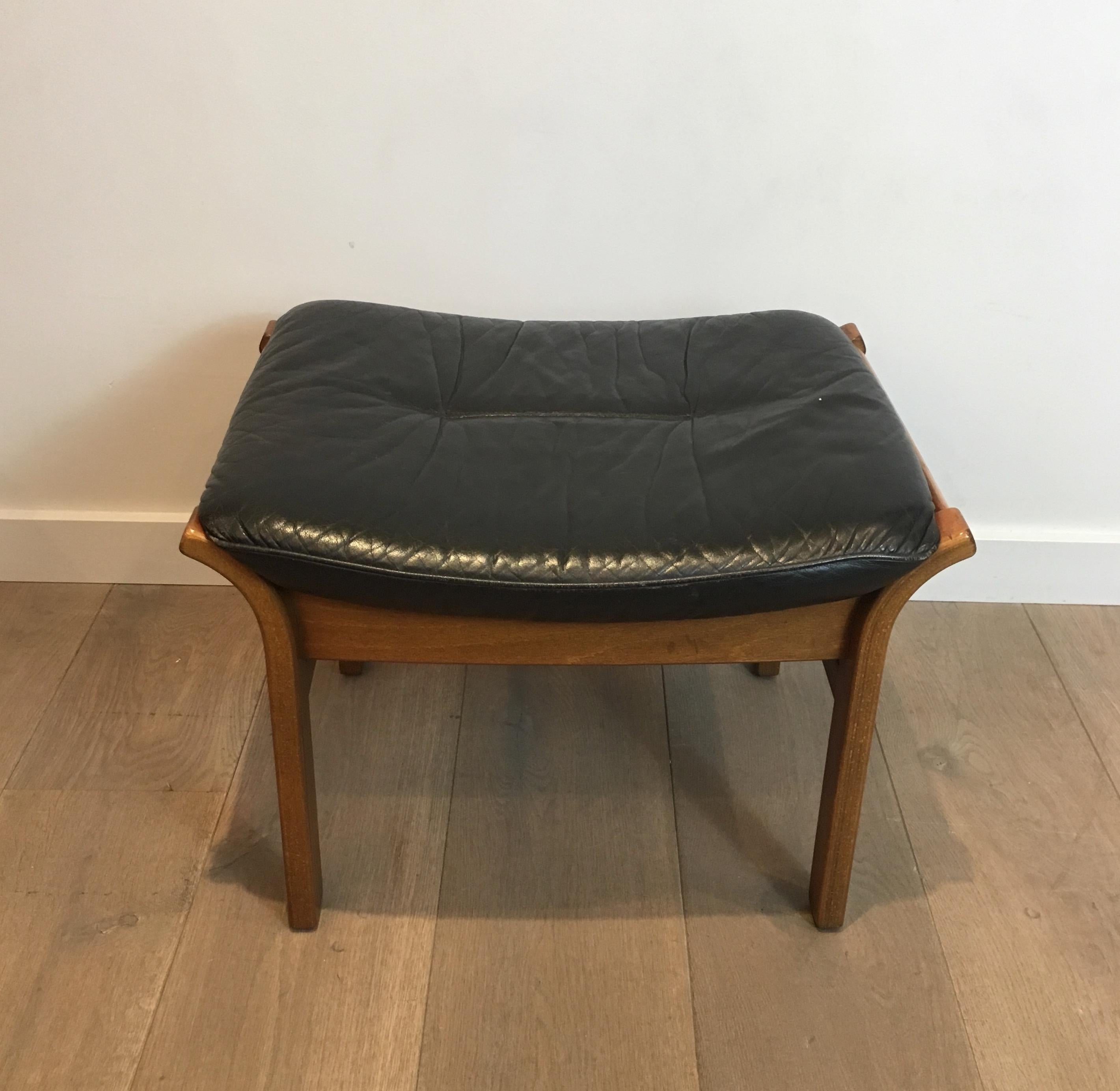 Wood and Black Leather Stool, French, circa 1970 10