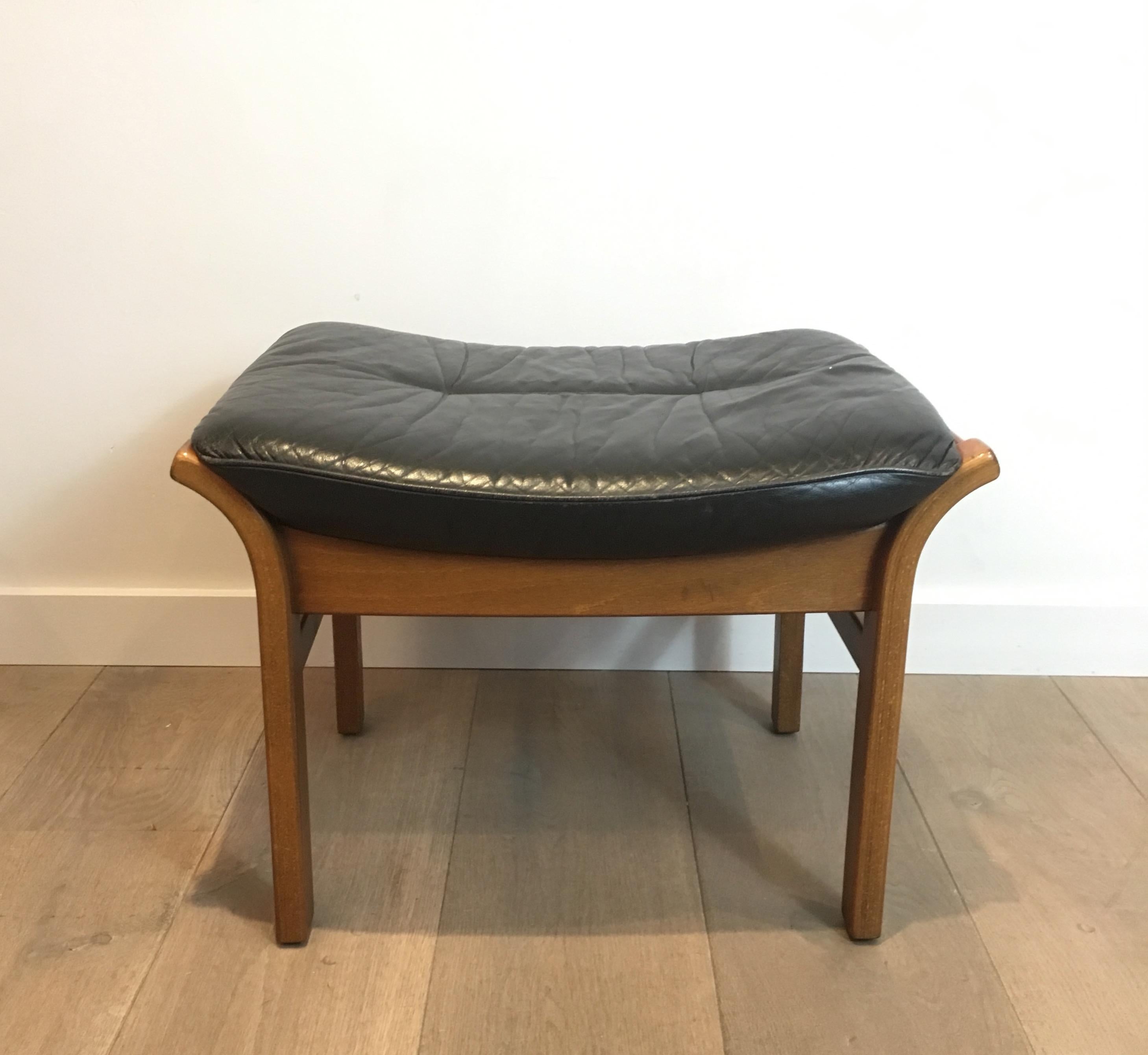 Wood and Black Leather Stool, French, circa 1970 11