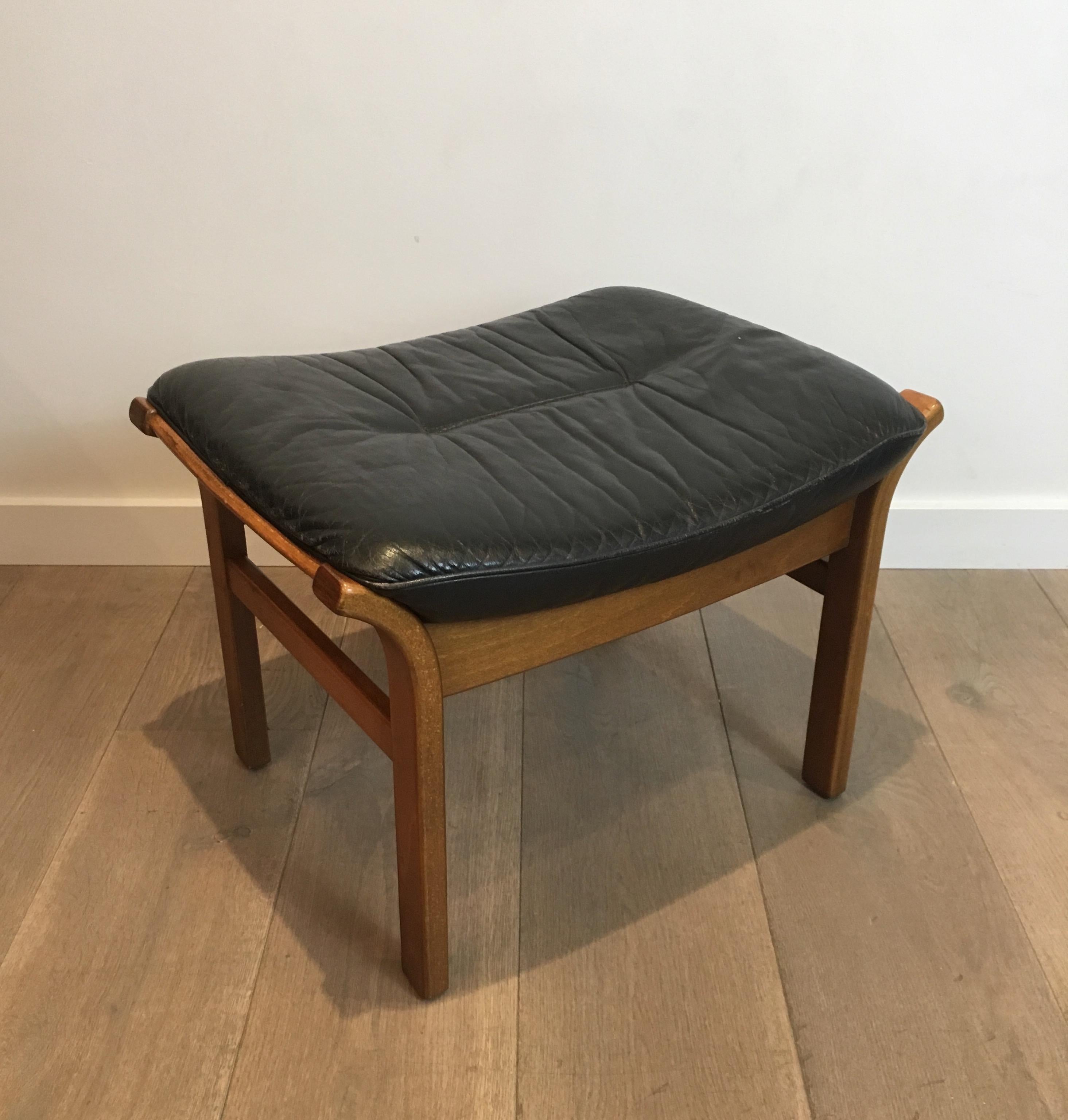 Wood and Black Leather Stool, French, circa 1970 12