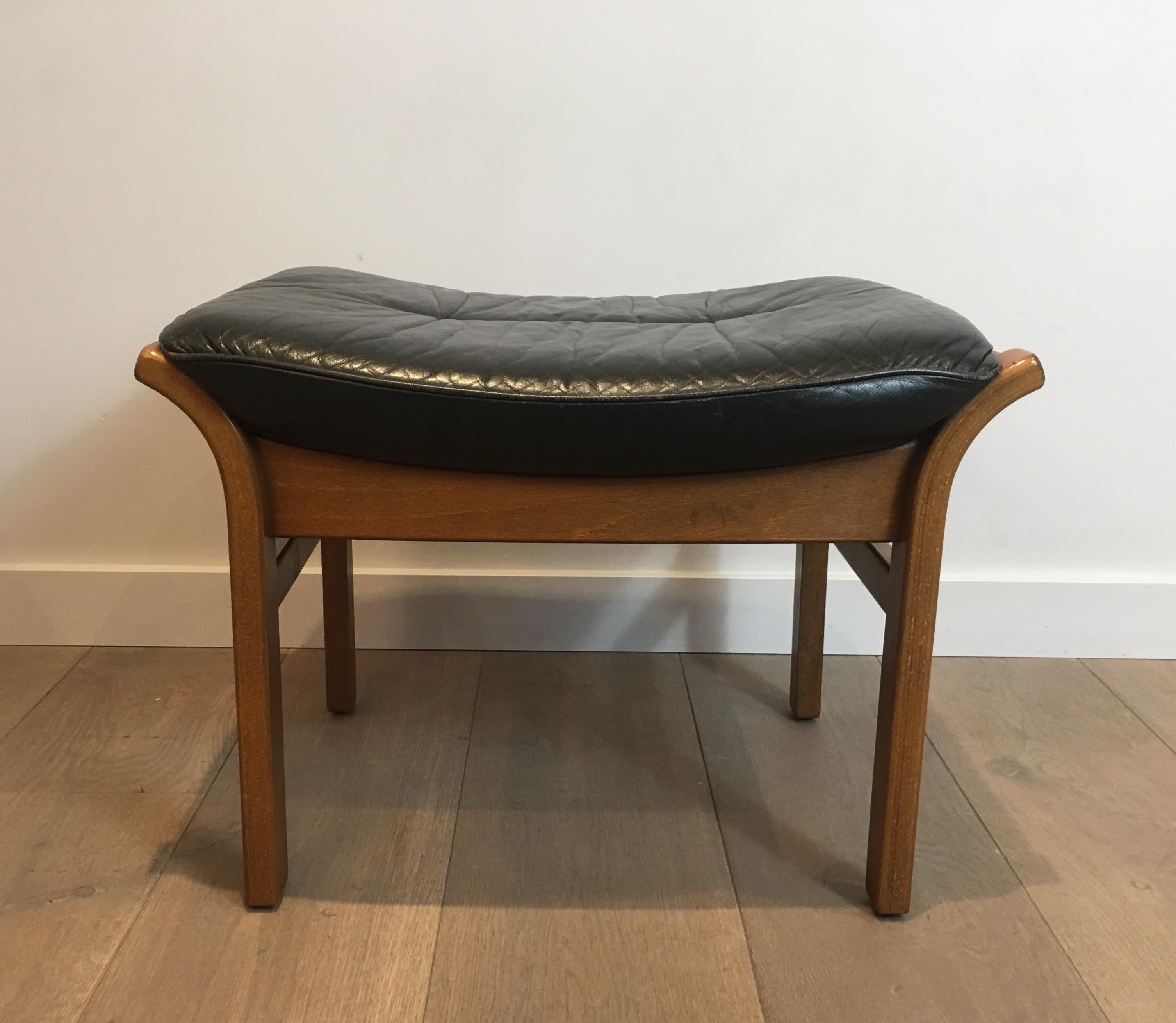 Mid-Century Modern Wood and Black Leather Stool, French, circa 1970