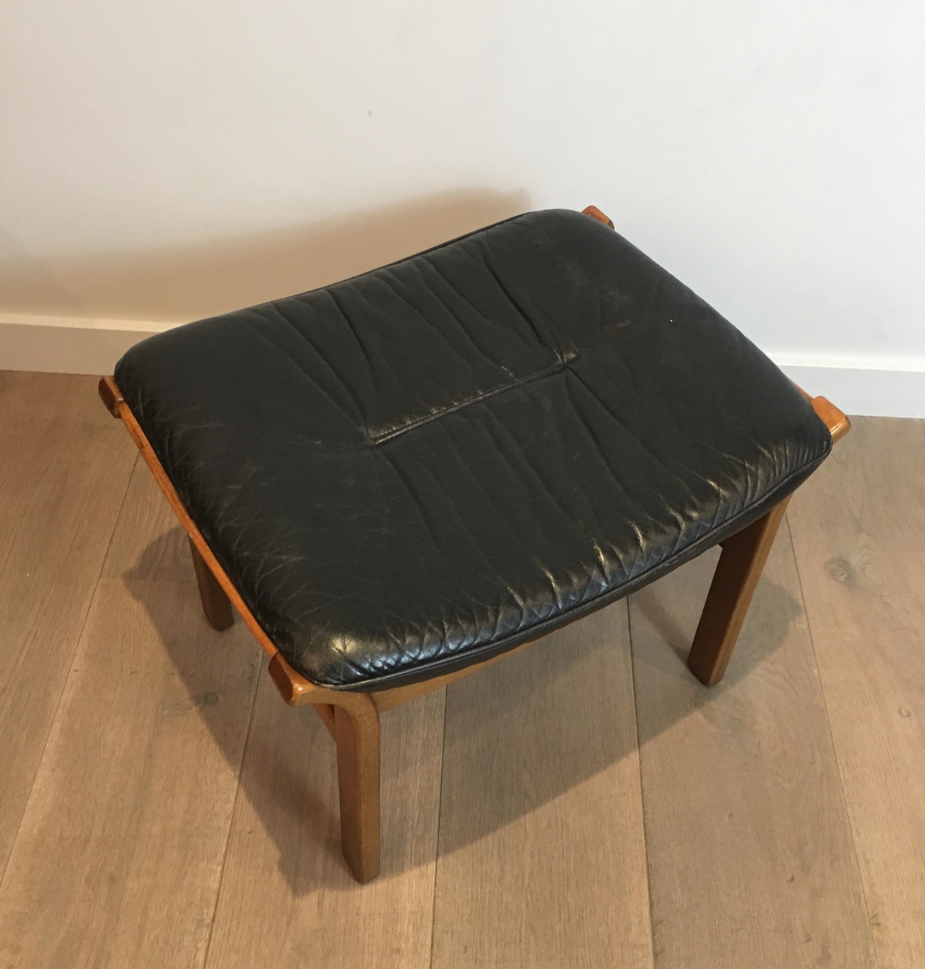 Blackened Wood and Black Leather Stool, French, circa 1970