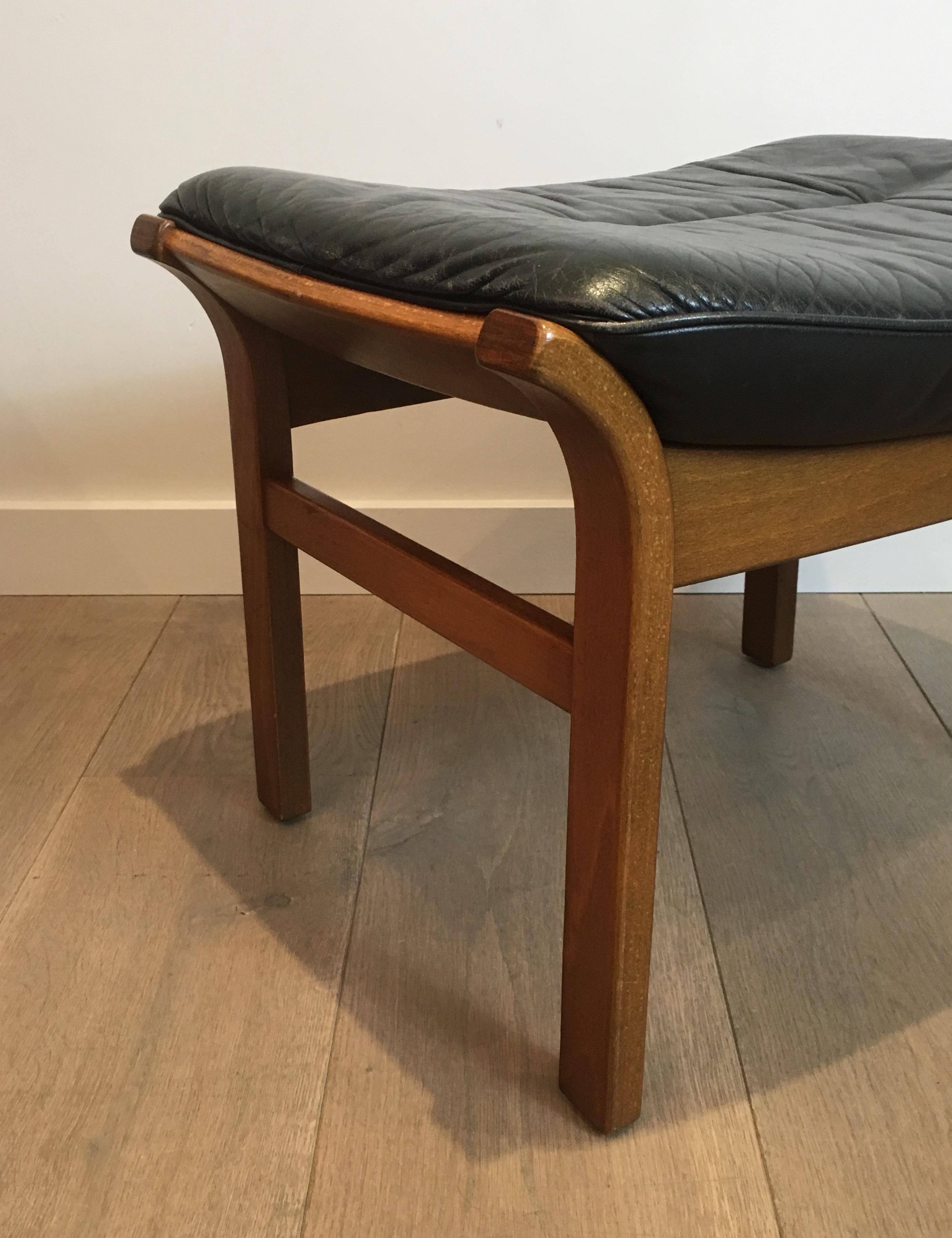 Late 20th Century Wood and Black Leather Stool, French, circa 1970