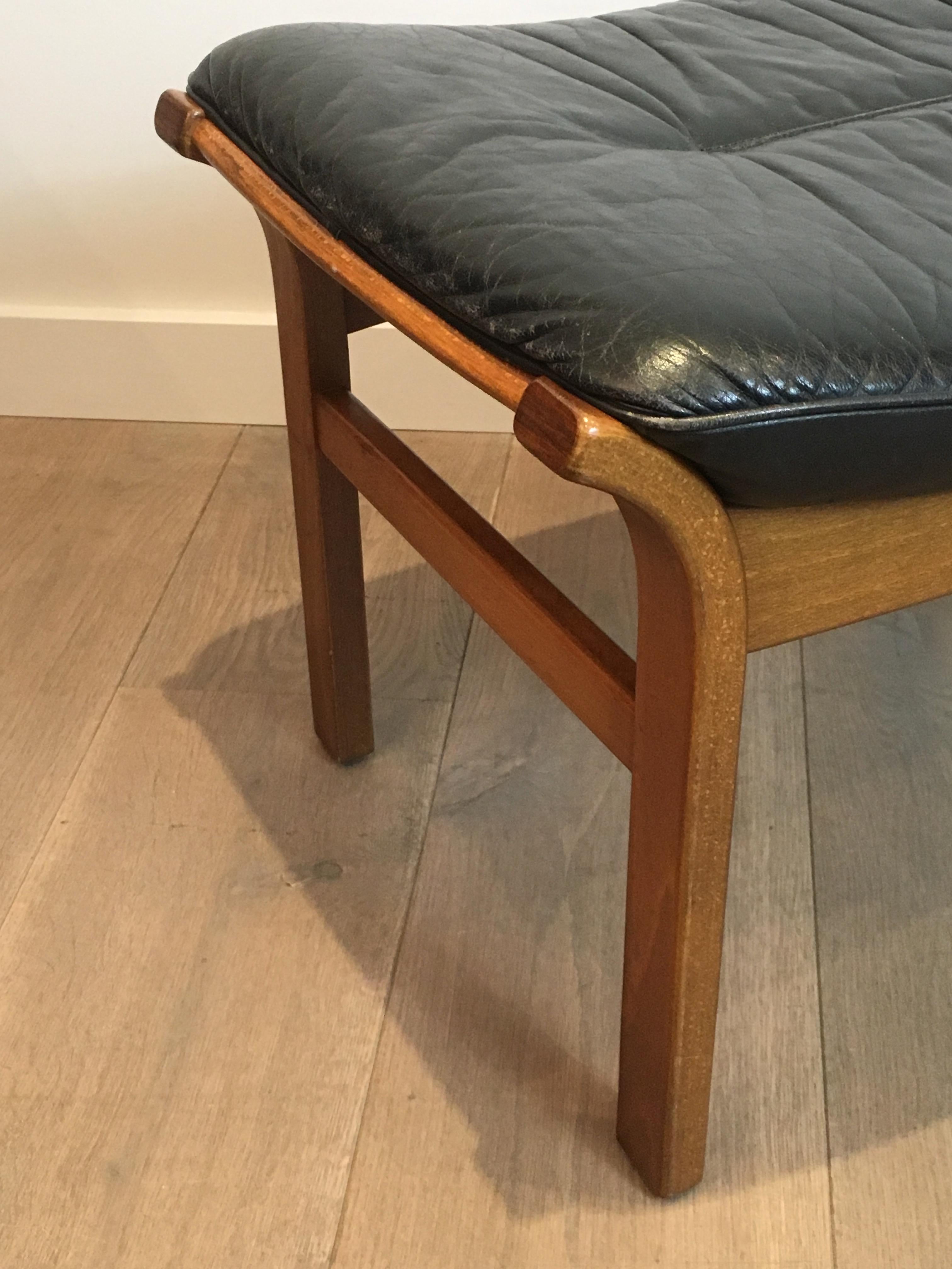 Wood and Black Leather Stool, French, circa 1970 1