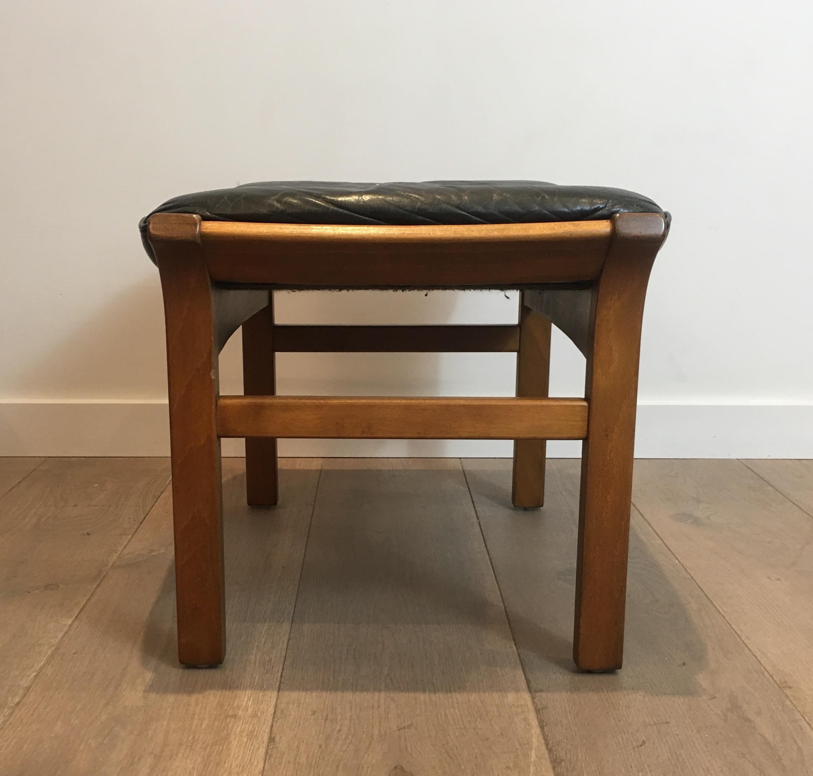 Wood and Black Leather Stool, French, circa 1970 2