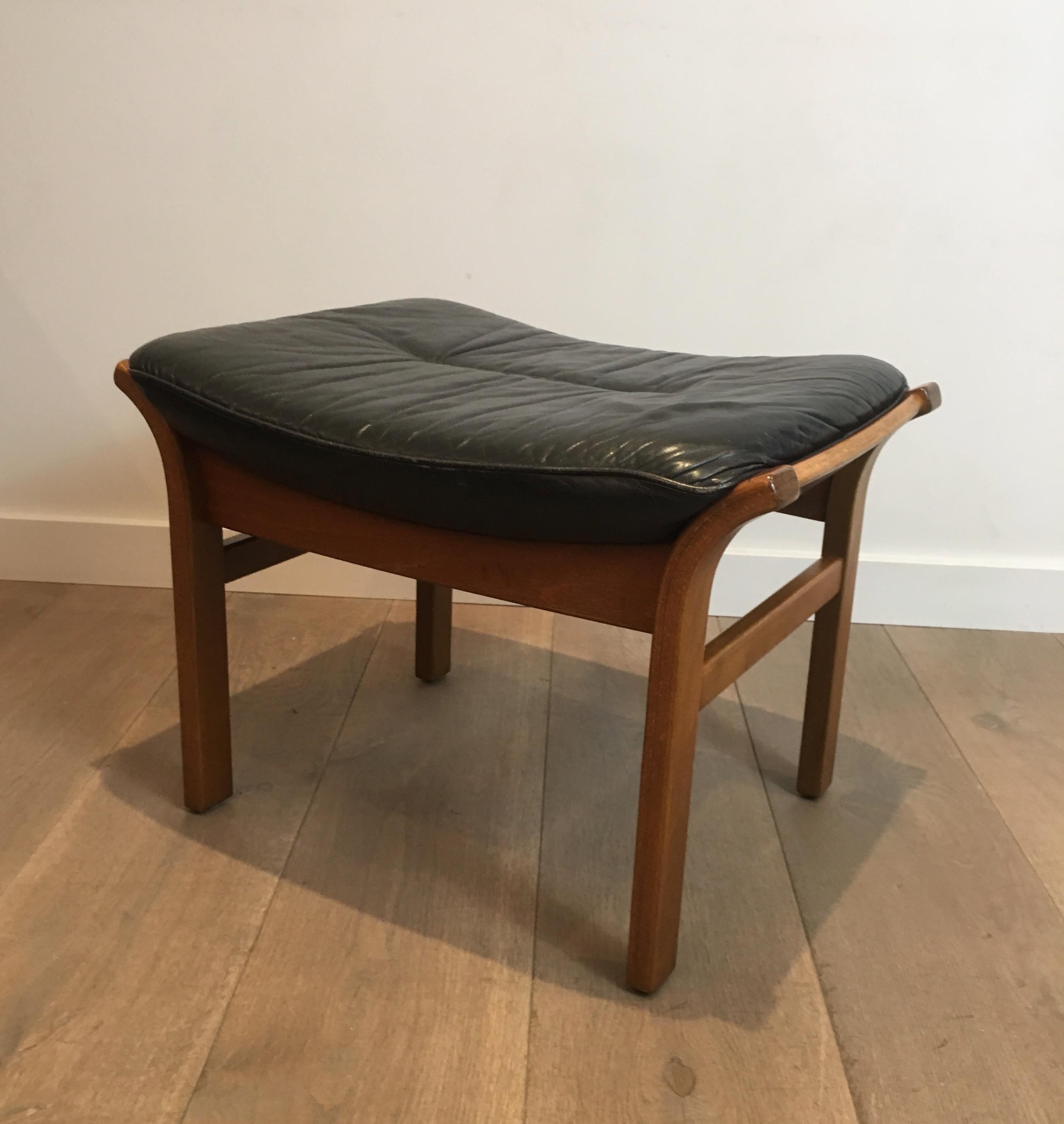 Wood and Black Leather Stool, French, circa 1970 3