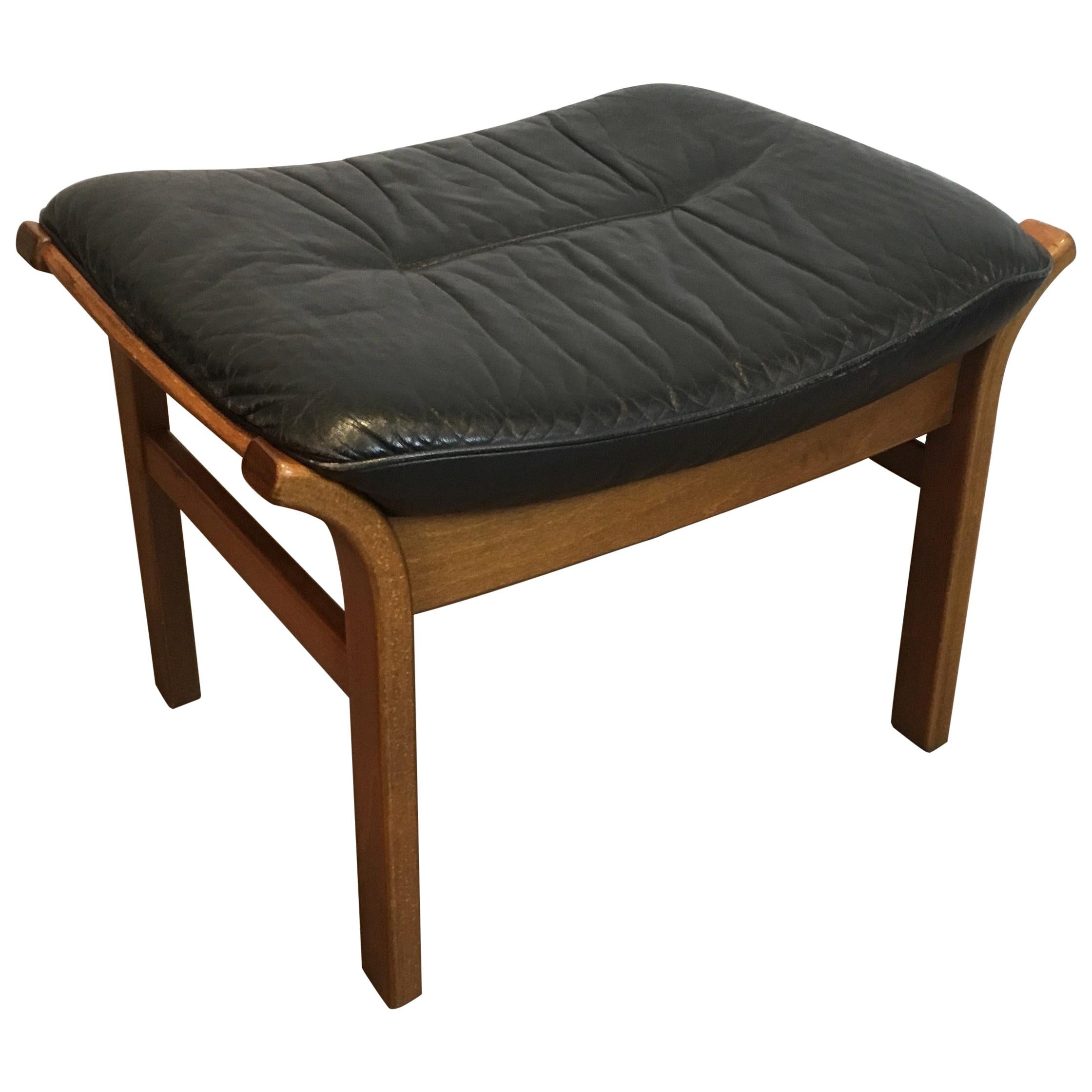 Wood and Black Leather Stool, French, circa 1970