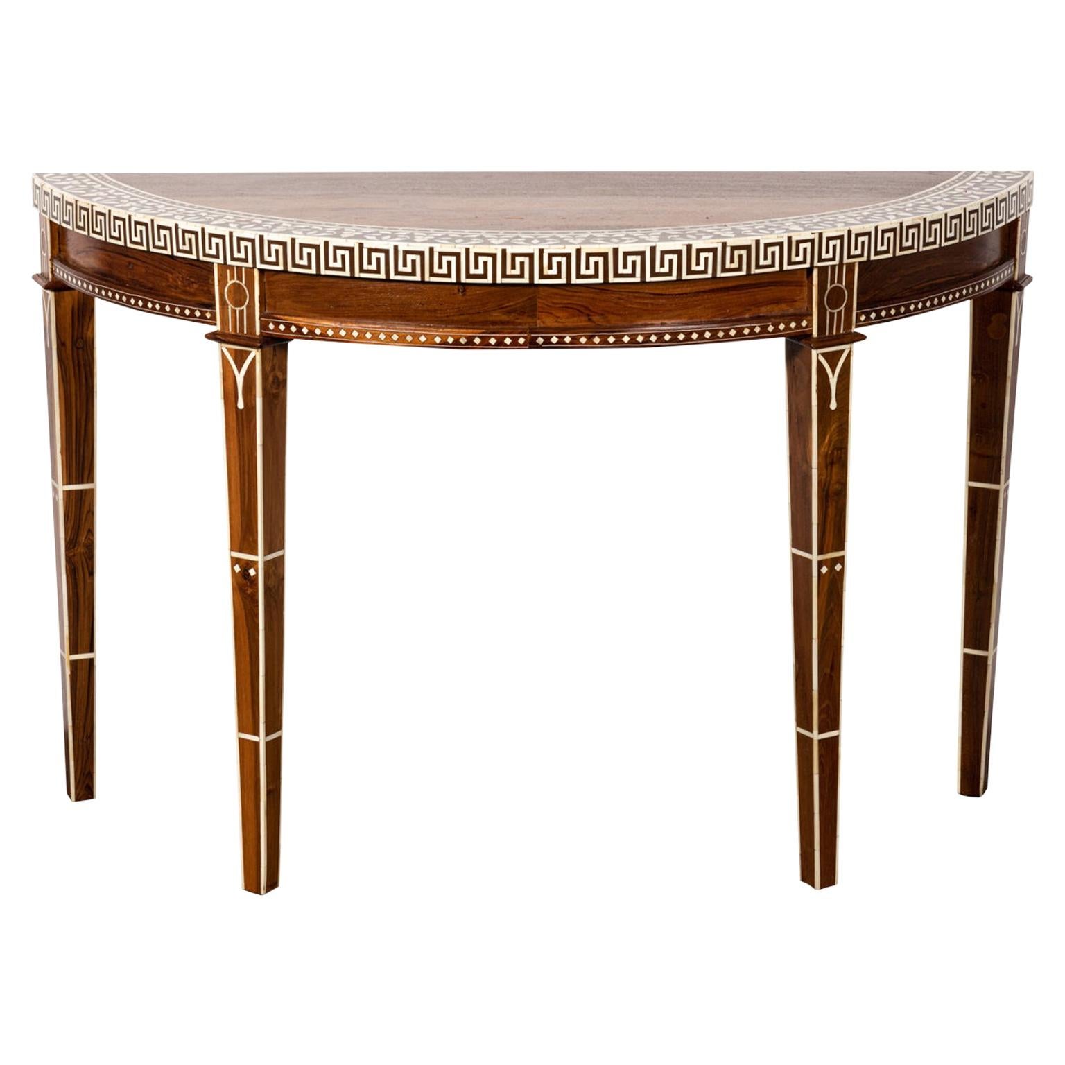 Wood and Bone Inlaid Demilune Console Table