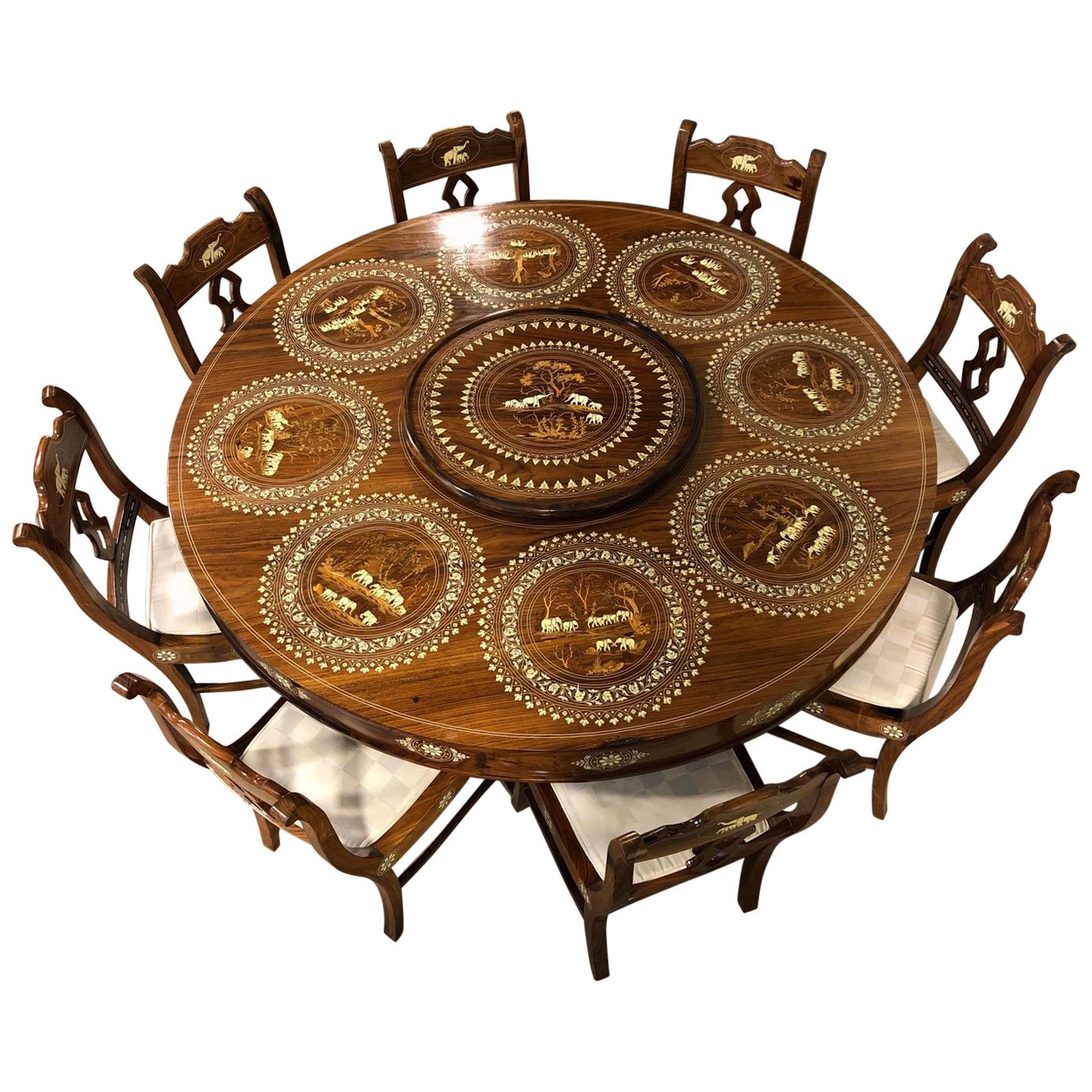 Wood and Bone Inlaid Dining Table and Eight Chairs from India For Sale