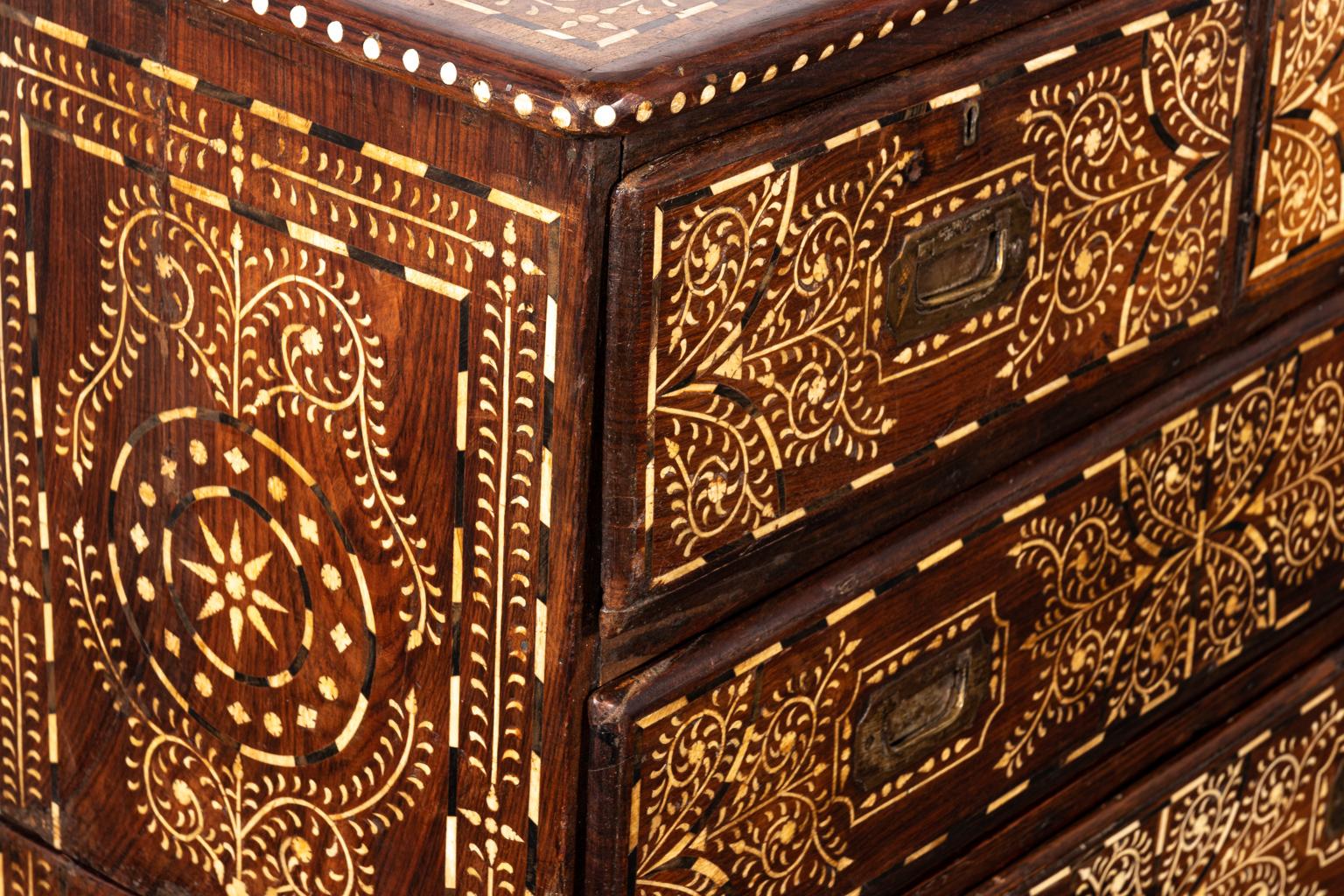 Wood and Bone Inlay Campaign Chest of Drawers 4