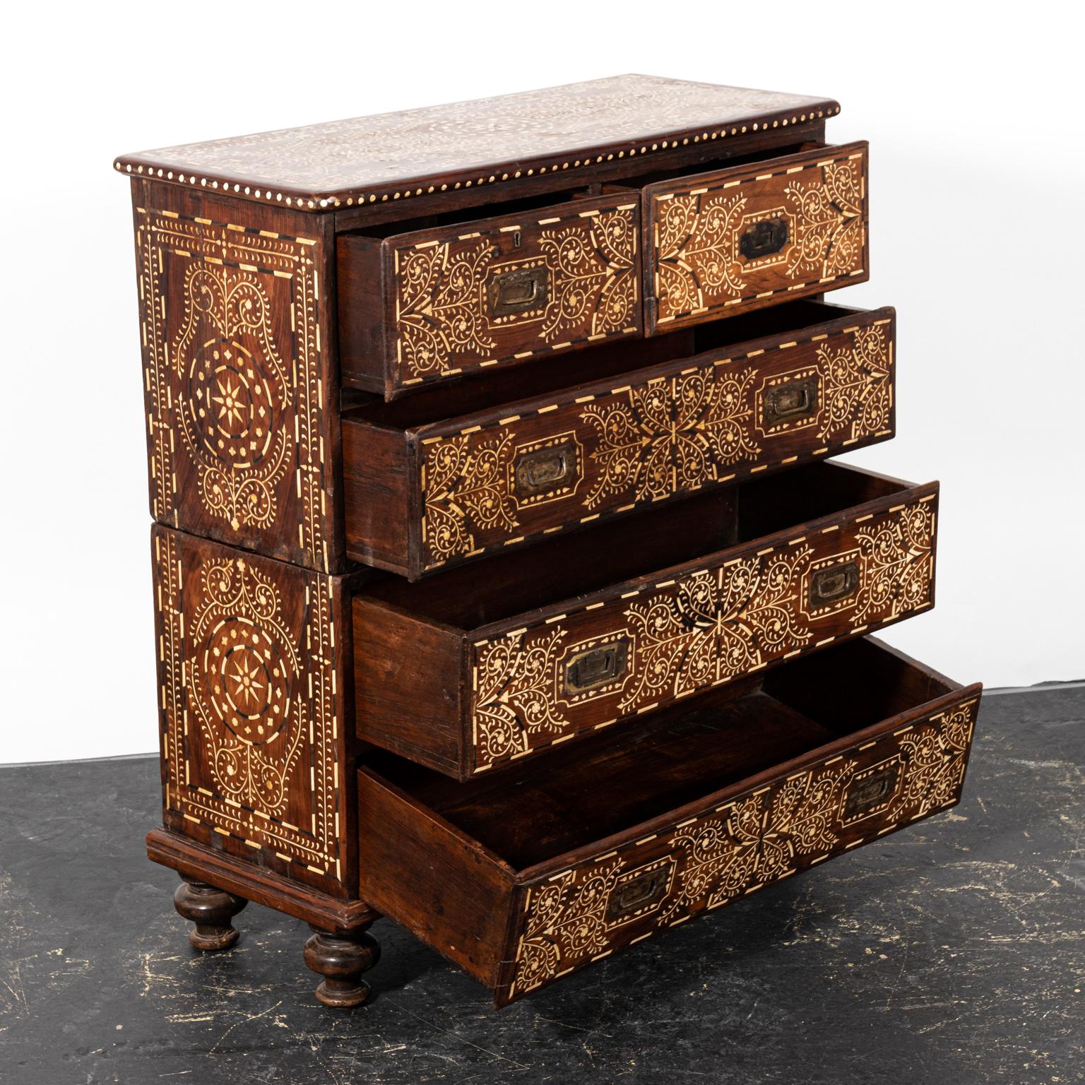 Wood and Bone Inlay Campaign Chest of Drawers 5