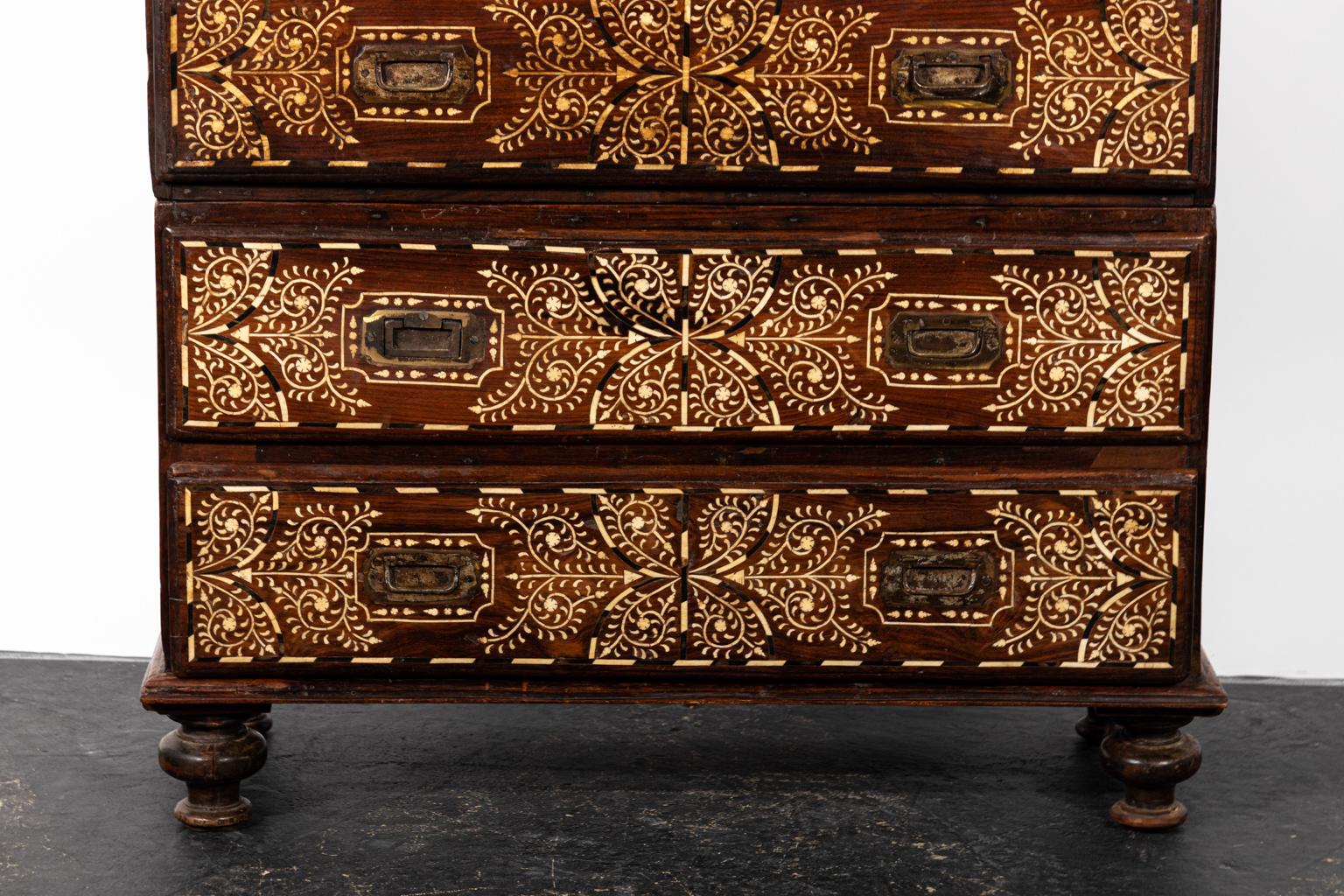 Metal Wood and Bone Inlay Campaign Chest of Drawers