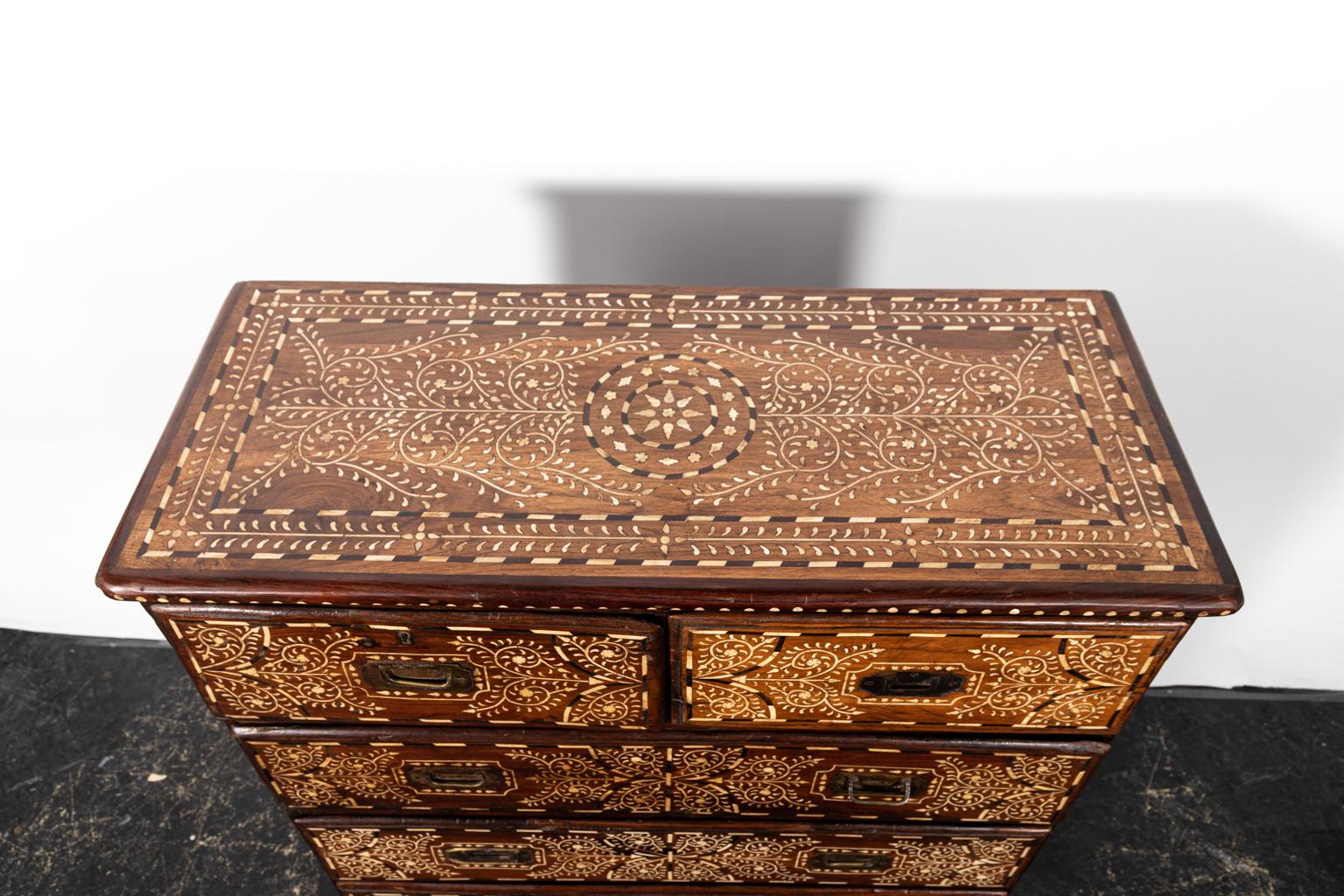 Wood and Bone Inlay Campaign Chest of Drawers 2