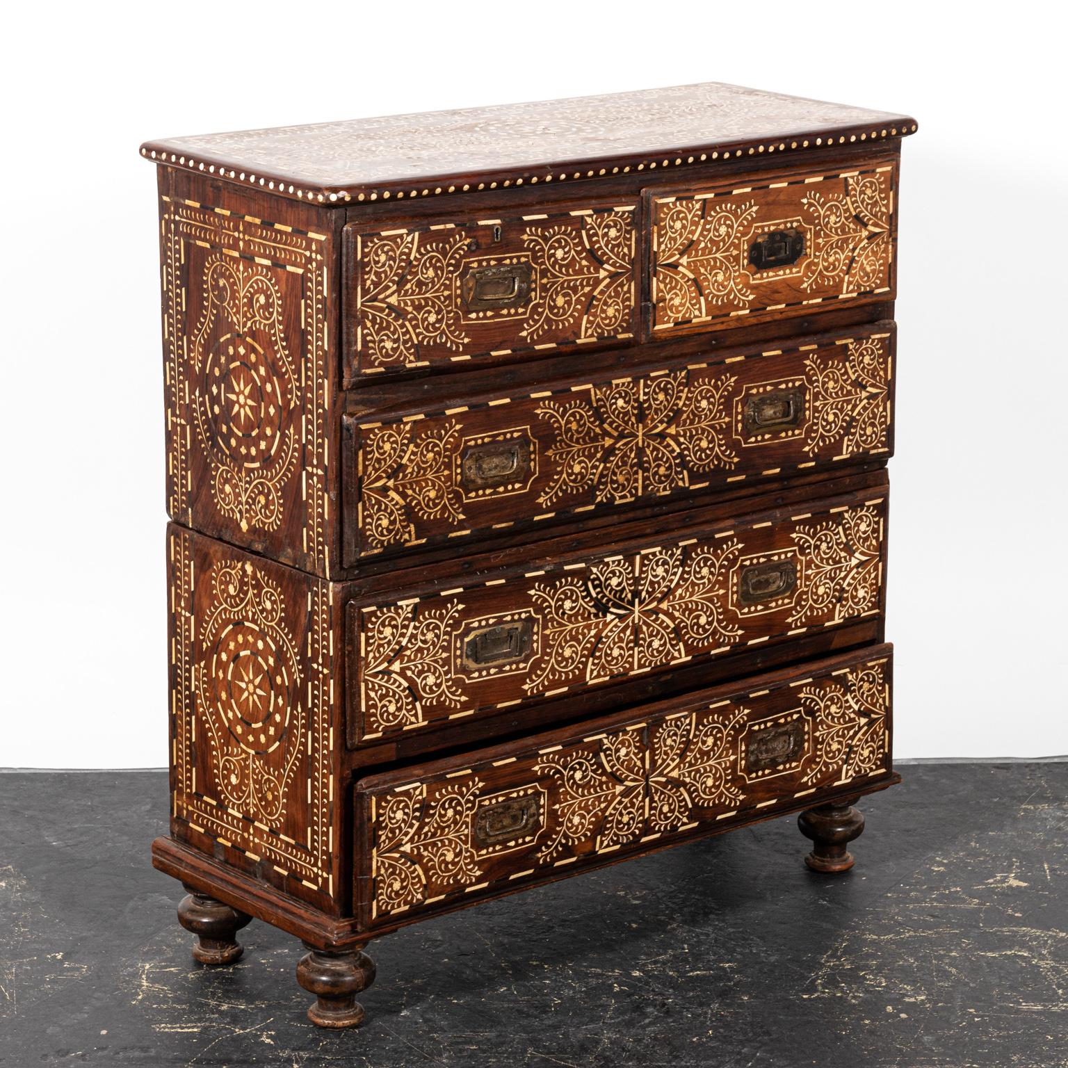 Wood and Bone Inlay Campaign Chest of Drawers 3