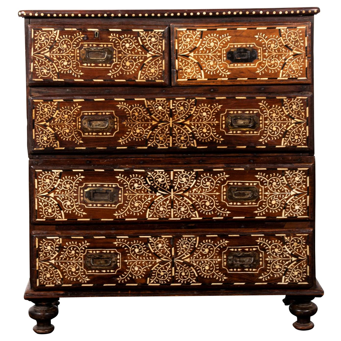 Wood and Bone Inlay Campaign Chest of Drawers