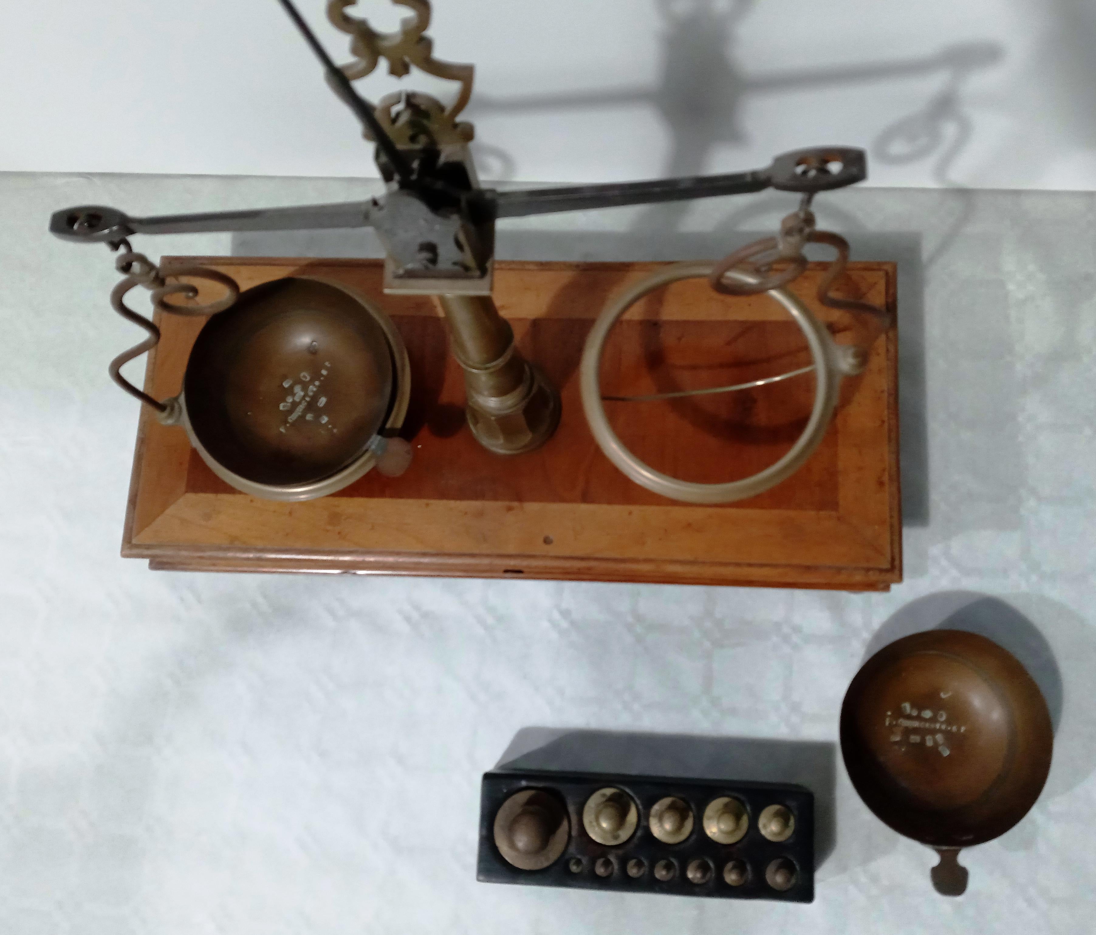 Hand-Crafted Wood and Brass Apothecary Scale, 1950s For Sale