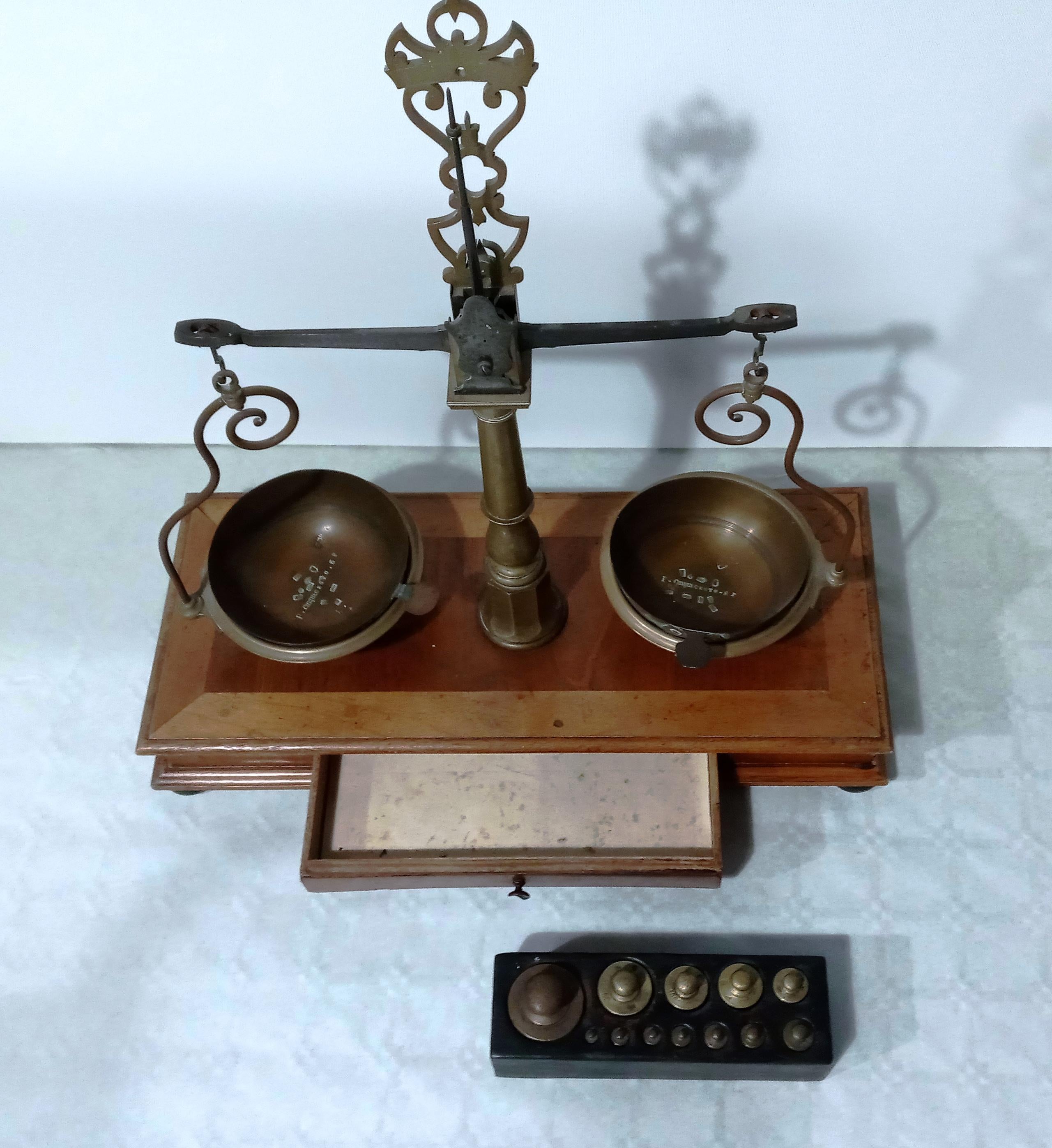 Mid-20th Century Wood and Brass Apothecary Scale, 1950s For Sale