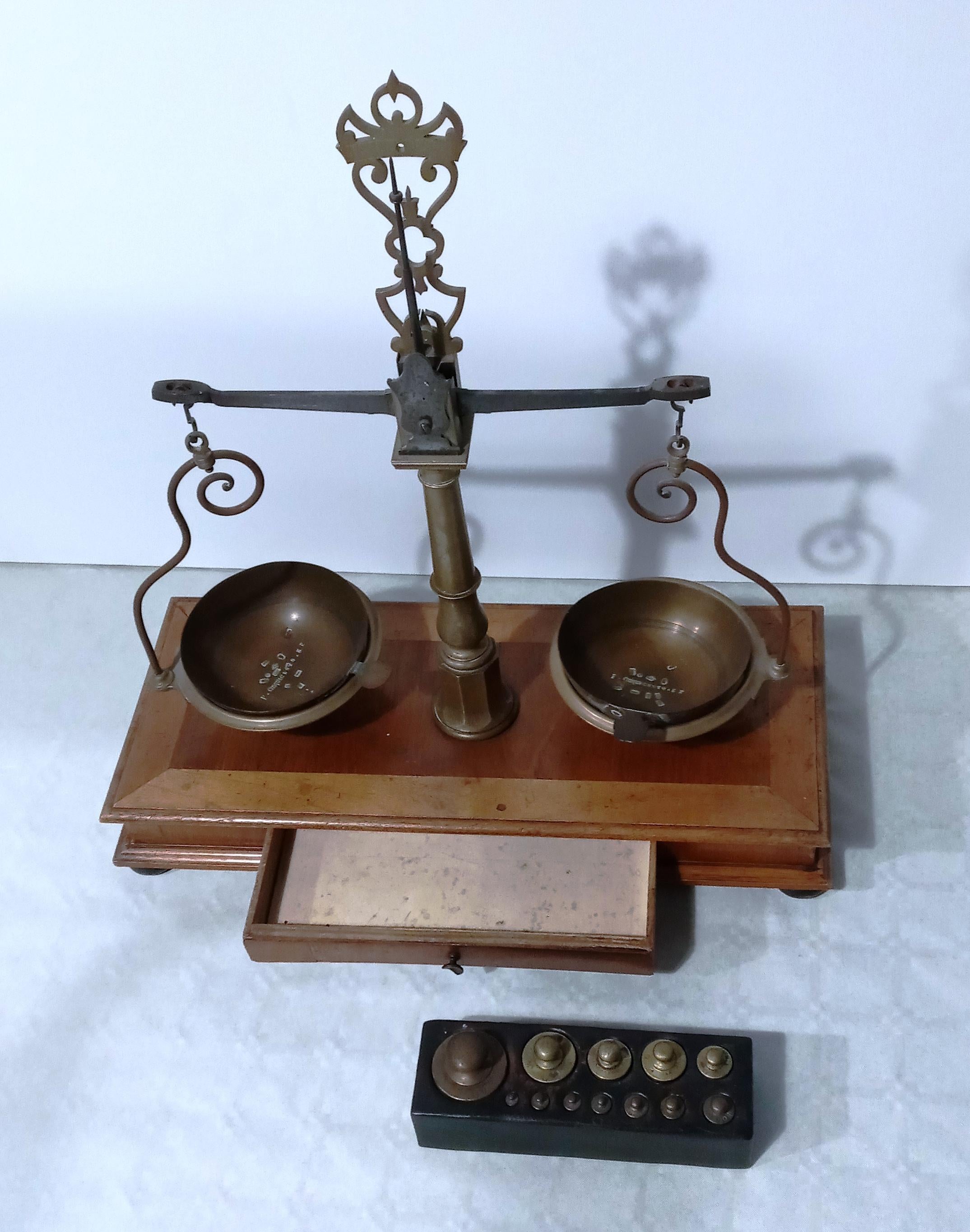 Metal Wood and Brass Apothecary Scale, 1950s For Sale