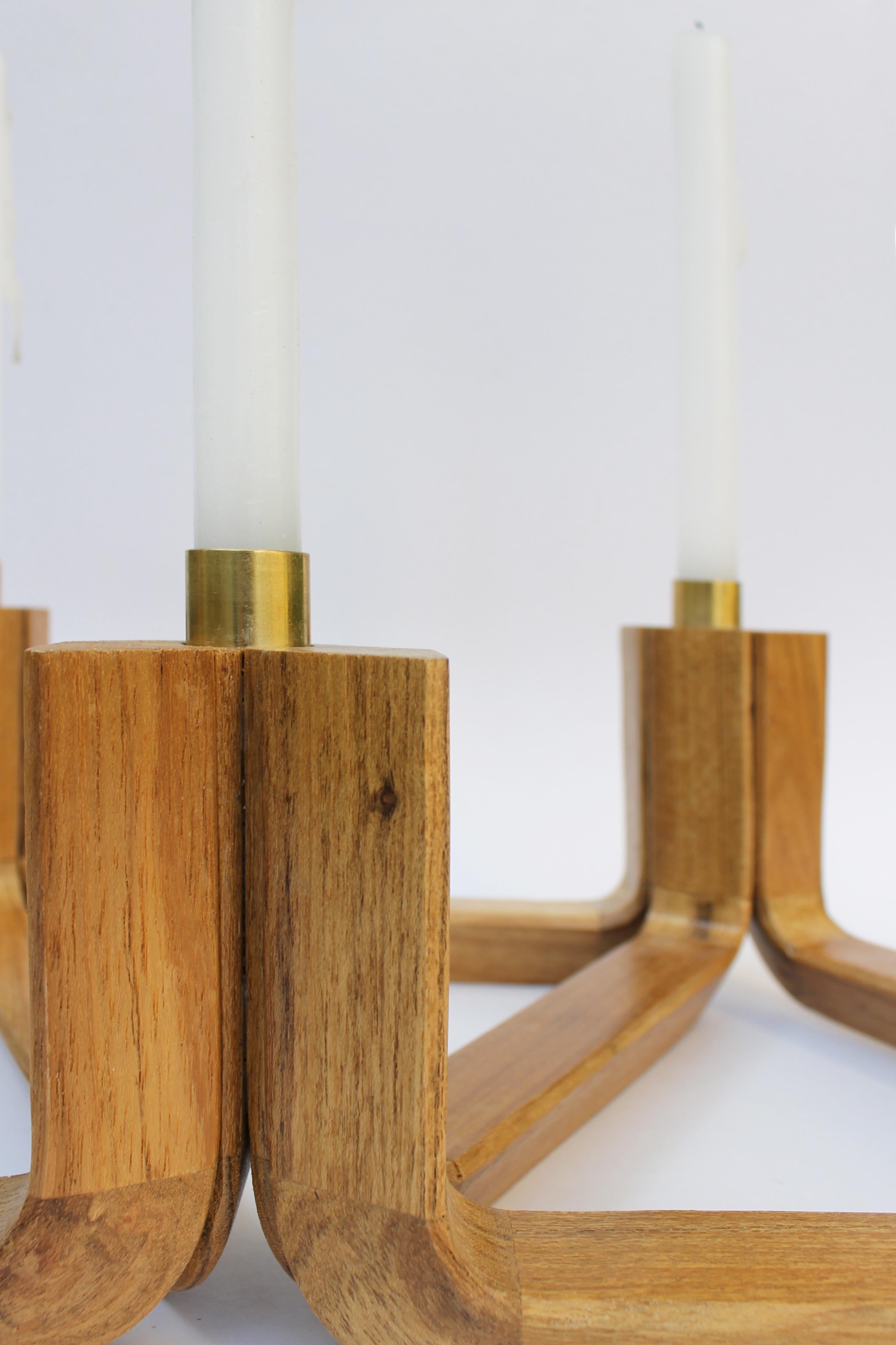 Brazilian Wood and Brass Candelabra, Five Candles, Void Collection For Sale