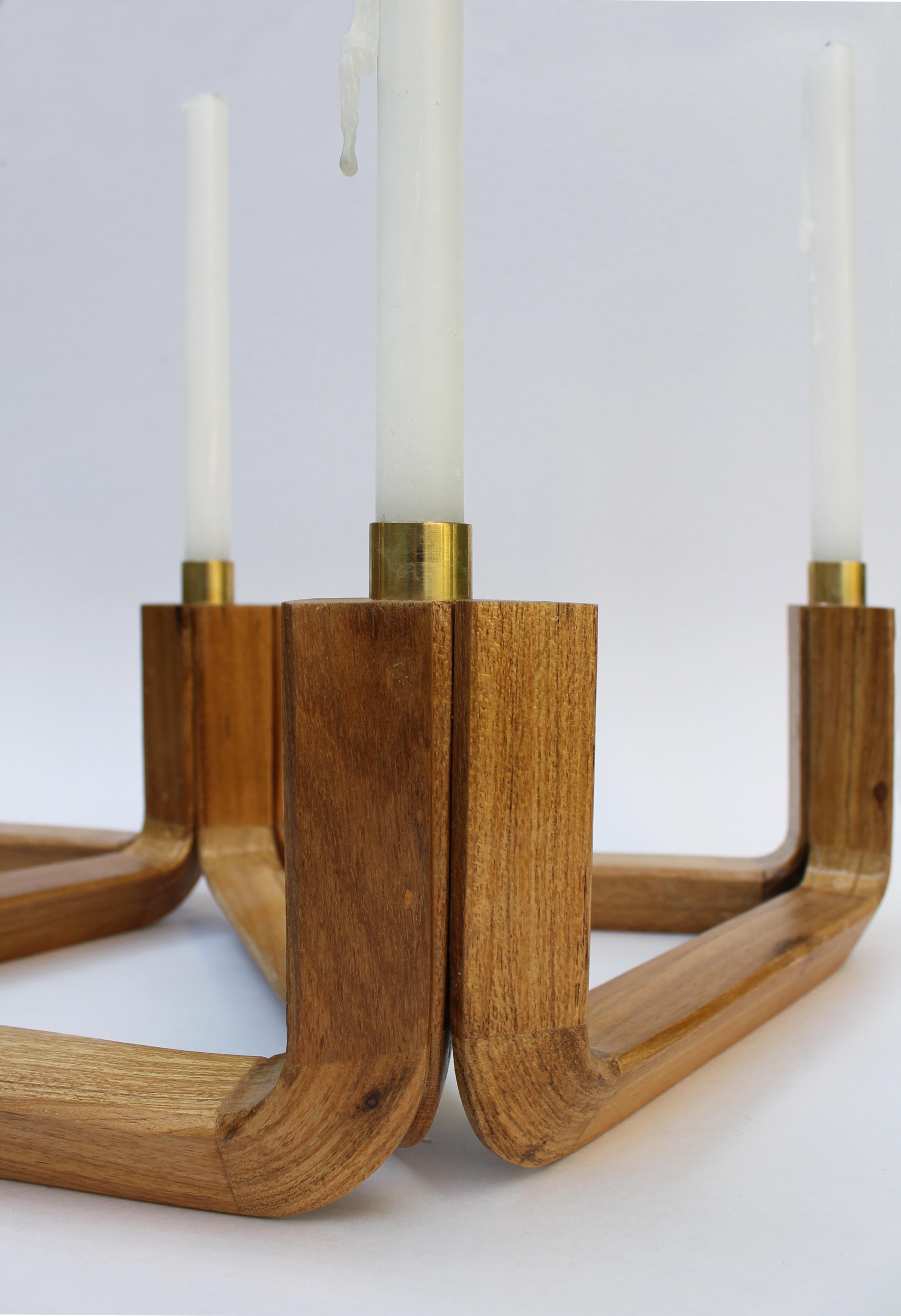 Wood and Brass Candelabra, Five Candles, Void Collection For Sale 1
