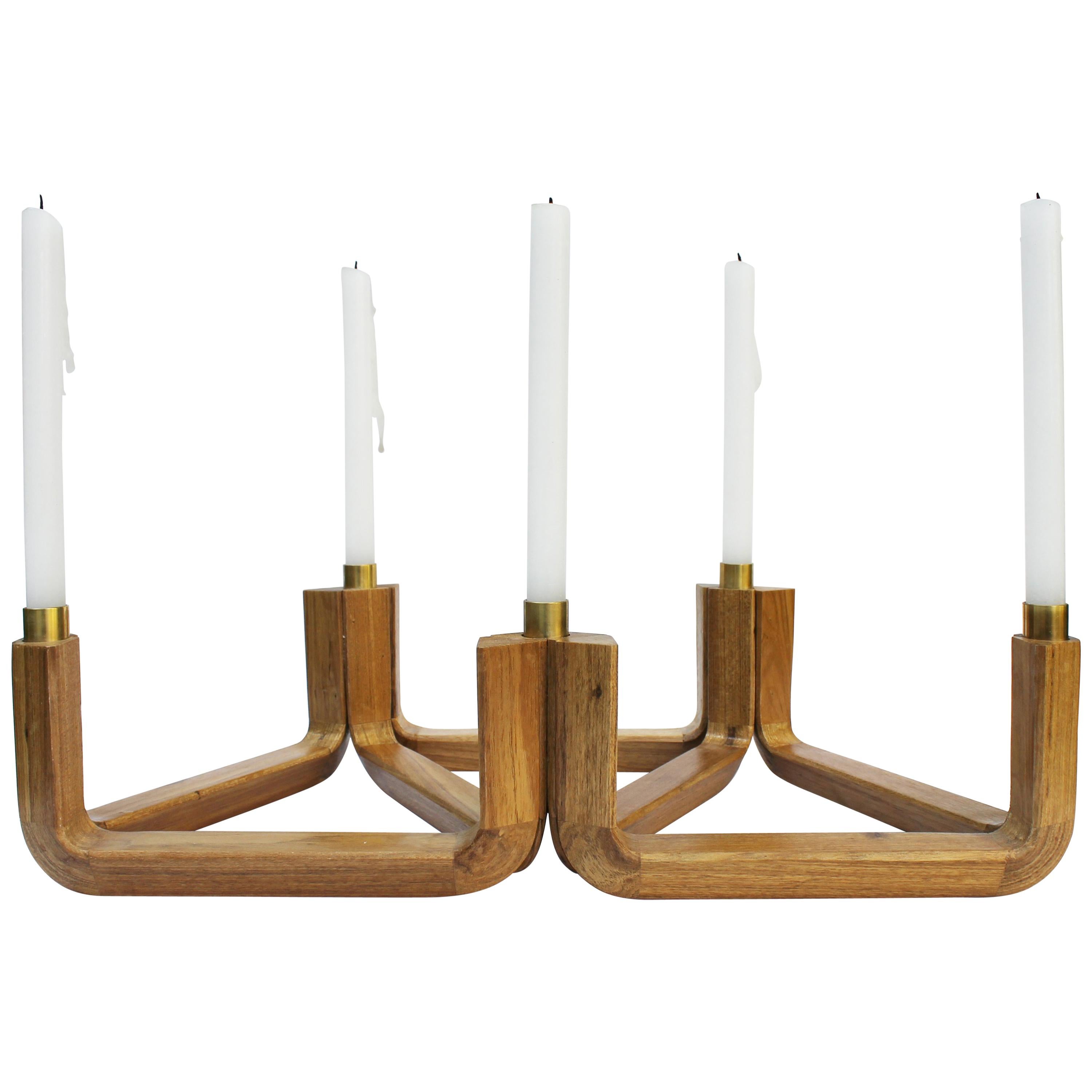 Wood and Brass Candelabra, Five Candles, Void Collection For Sale