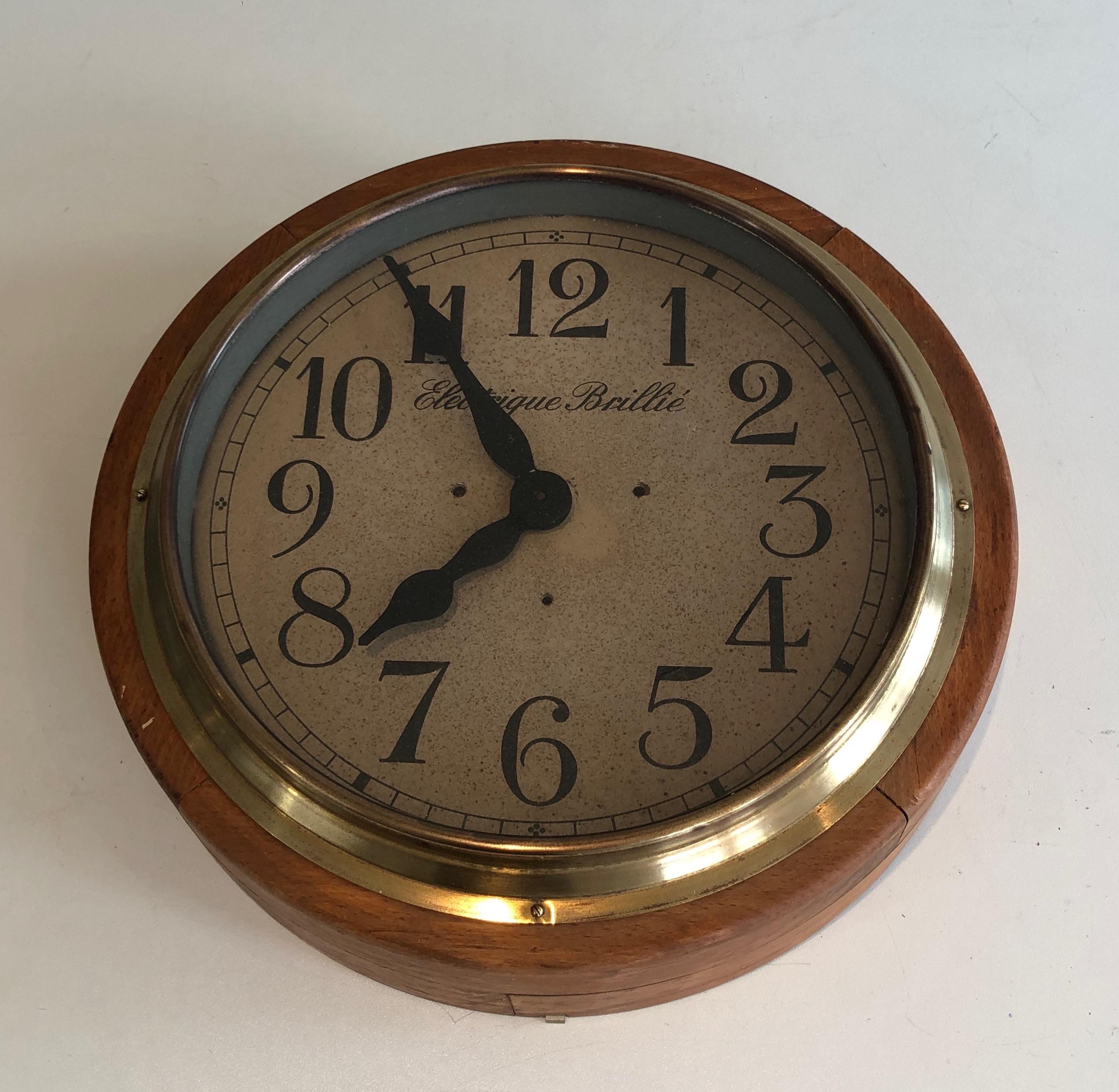 Industrial Wood and Brass Clock, Signed Electrique Brillé, French, Circa 1900